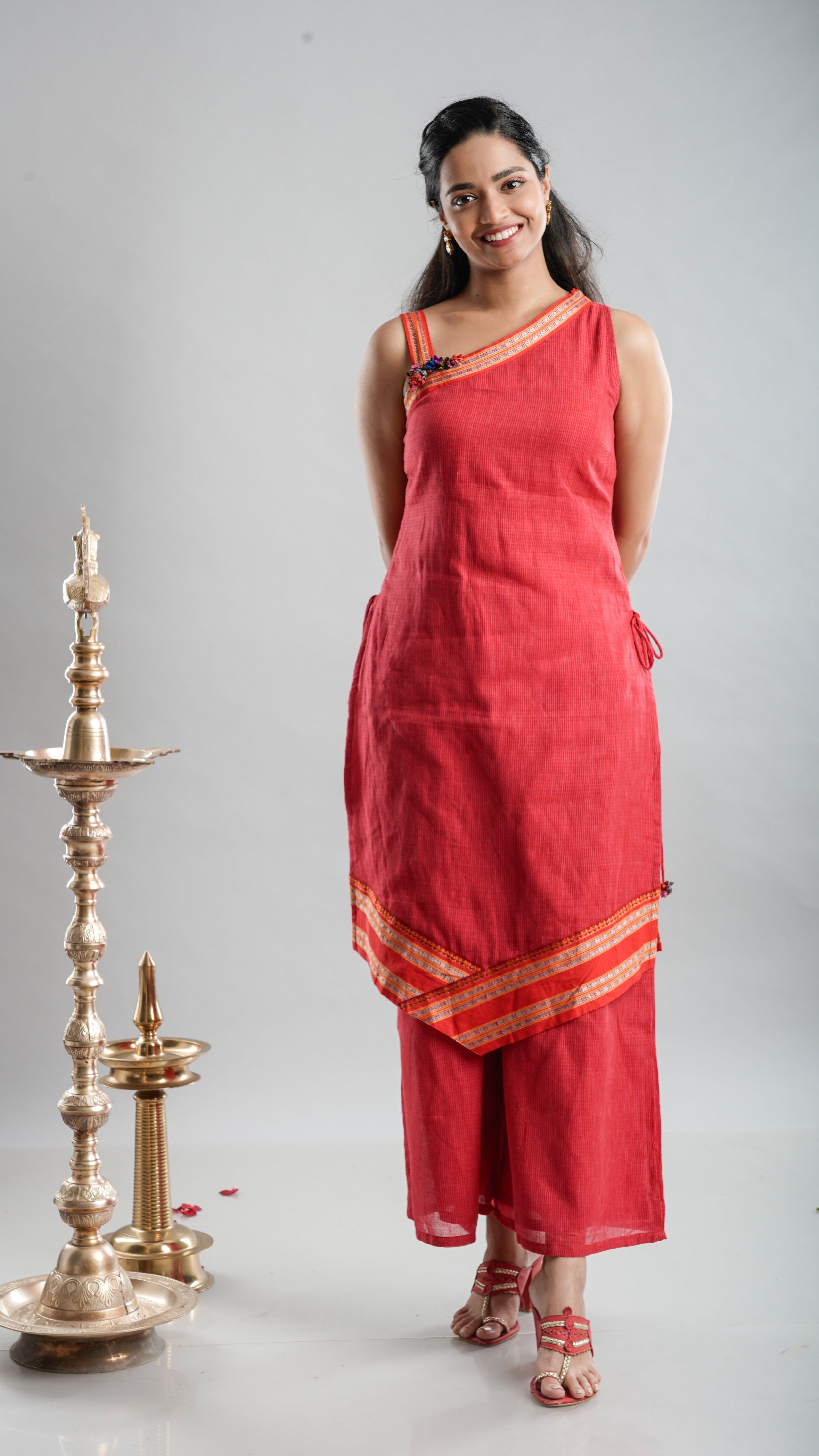 Red One-Shoulder Handloom Kurta Set