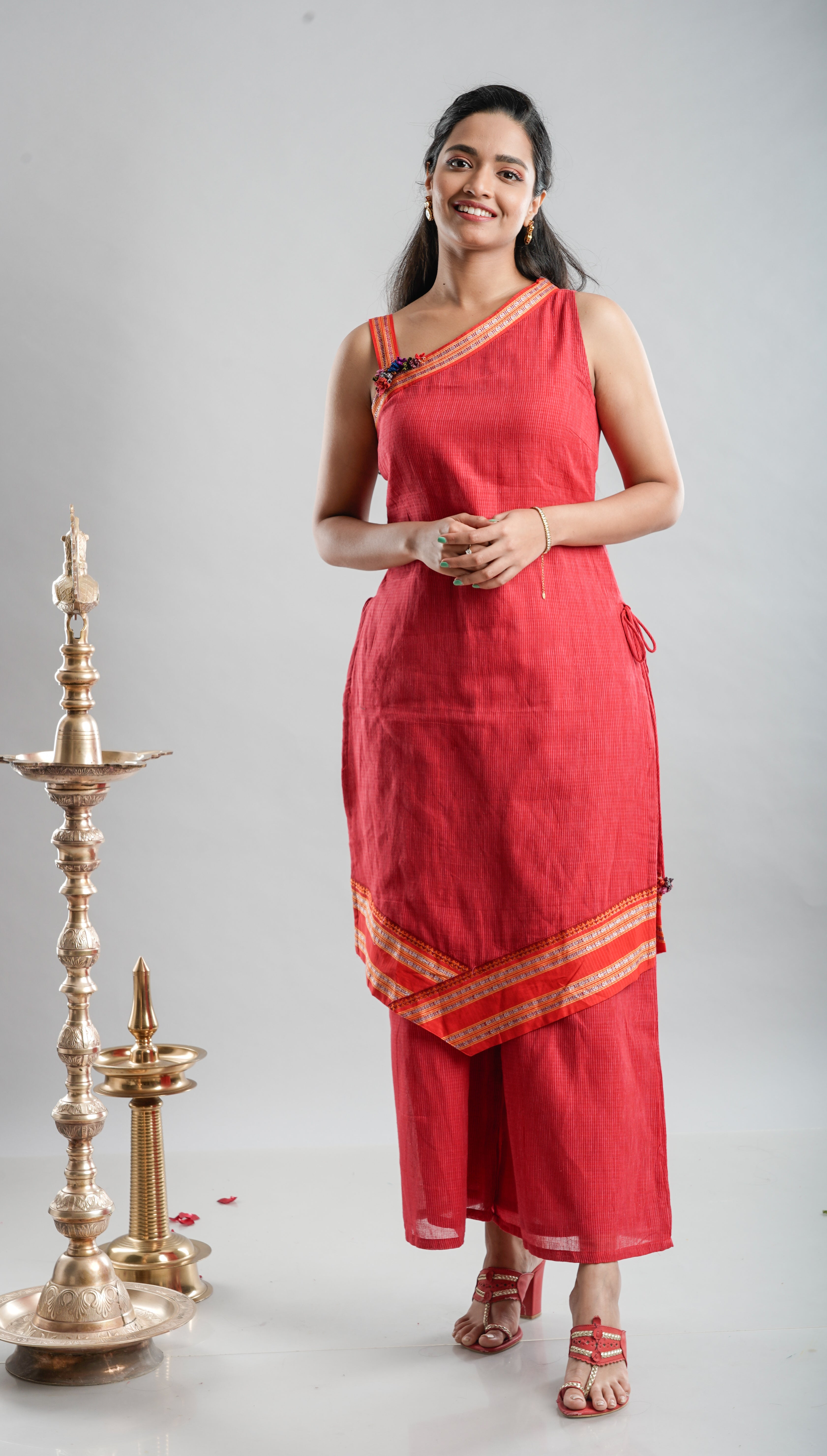 Red One-Shoulder Handloom Kurta Set