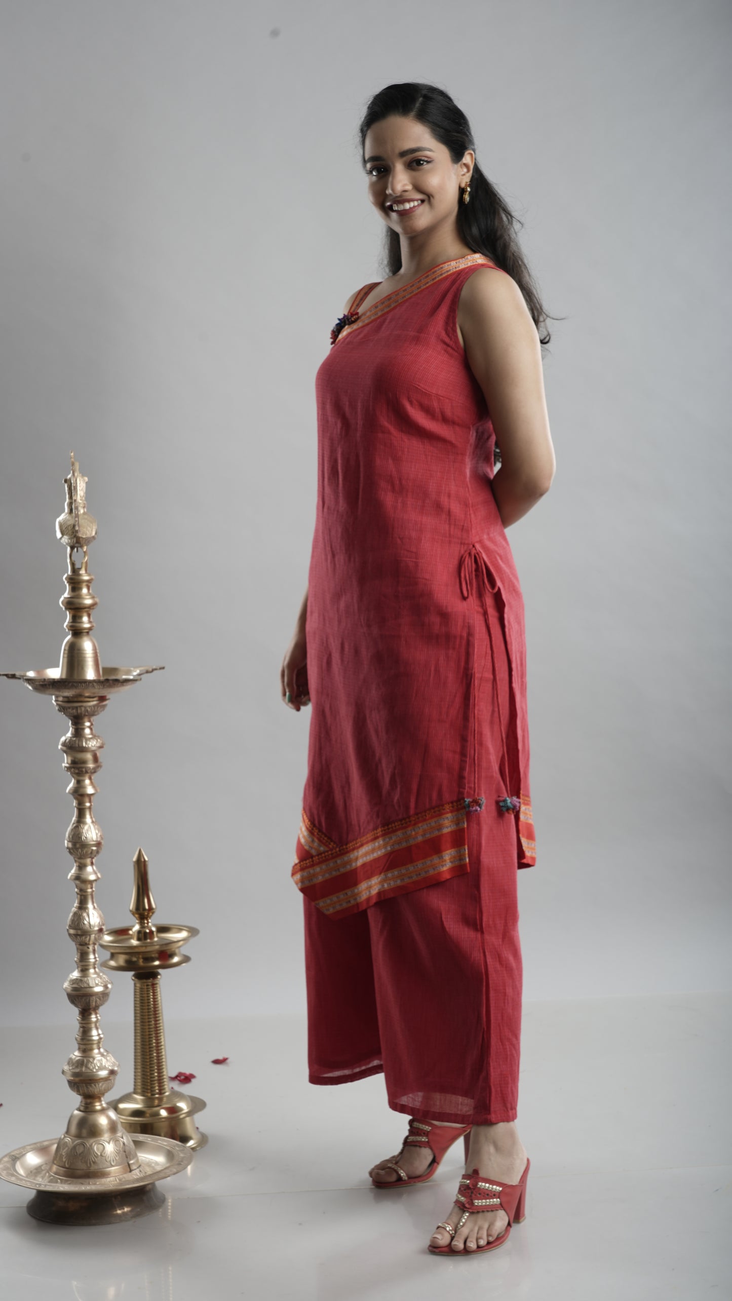 Red One-Shoulder Handloom Kurta Set