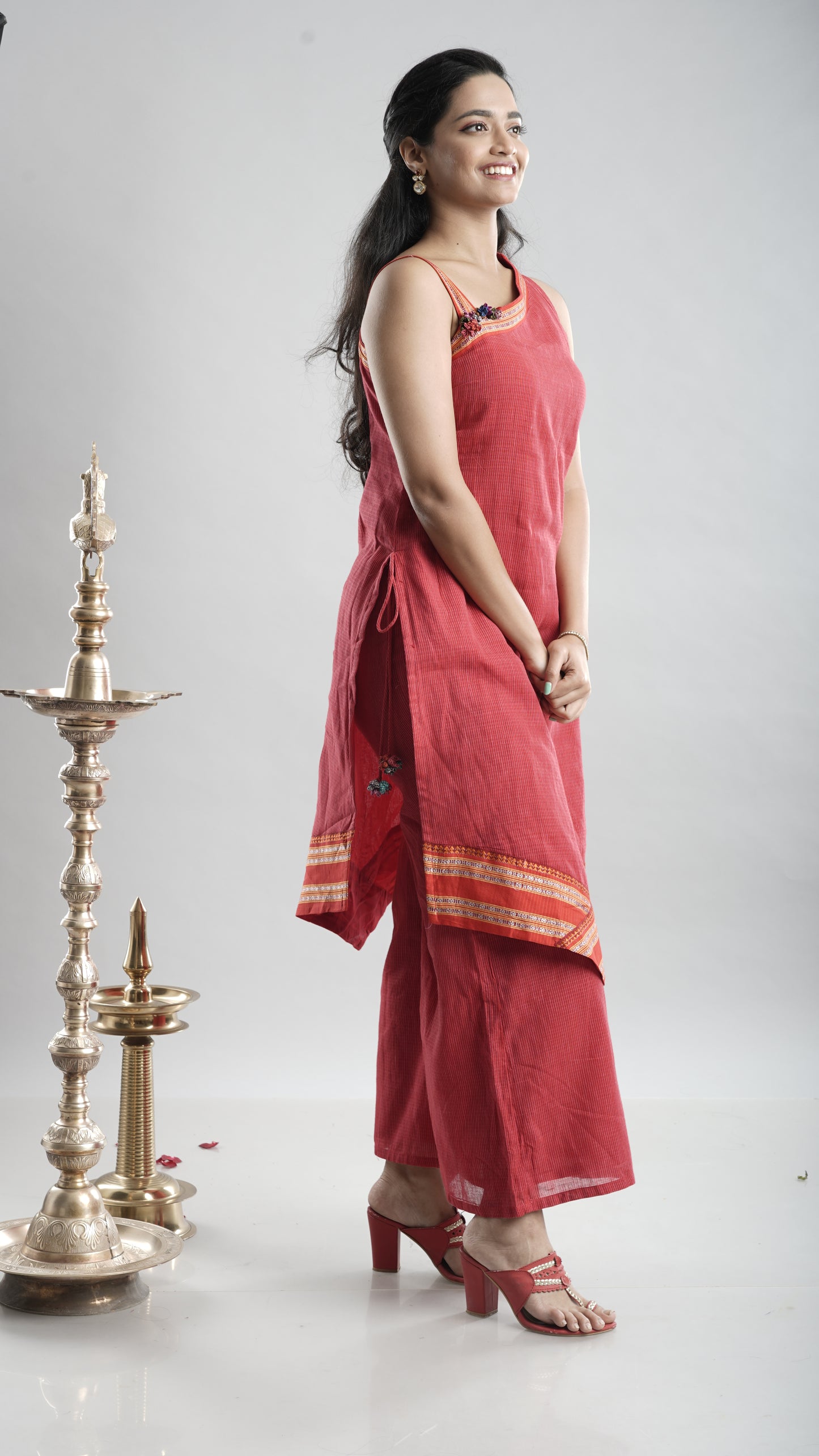 Red One-Shoulder Handloom Kurta Set