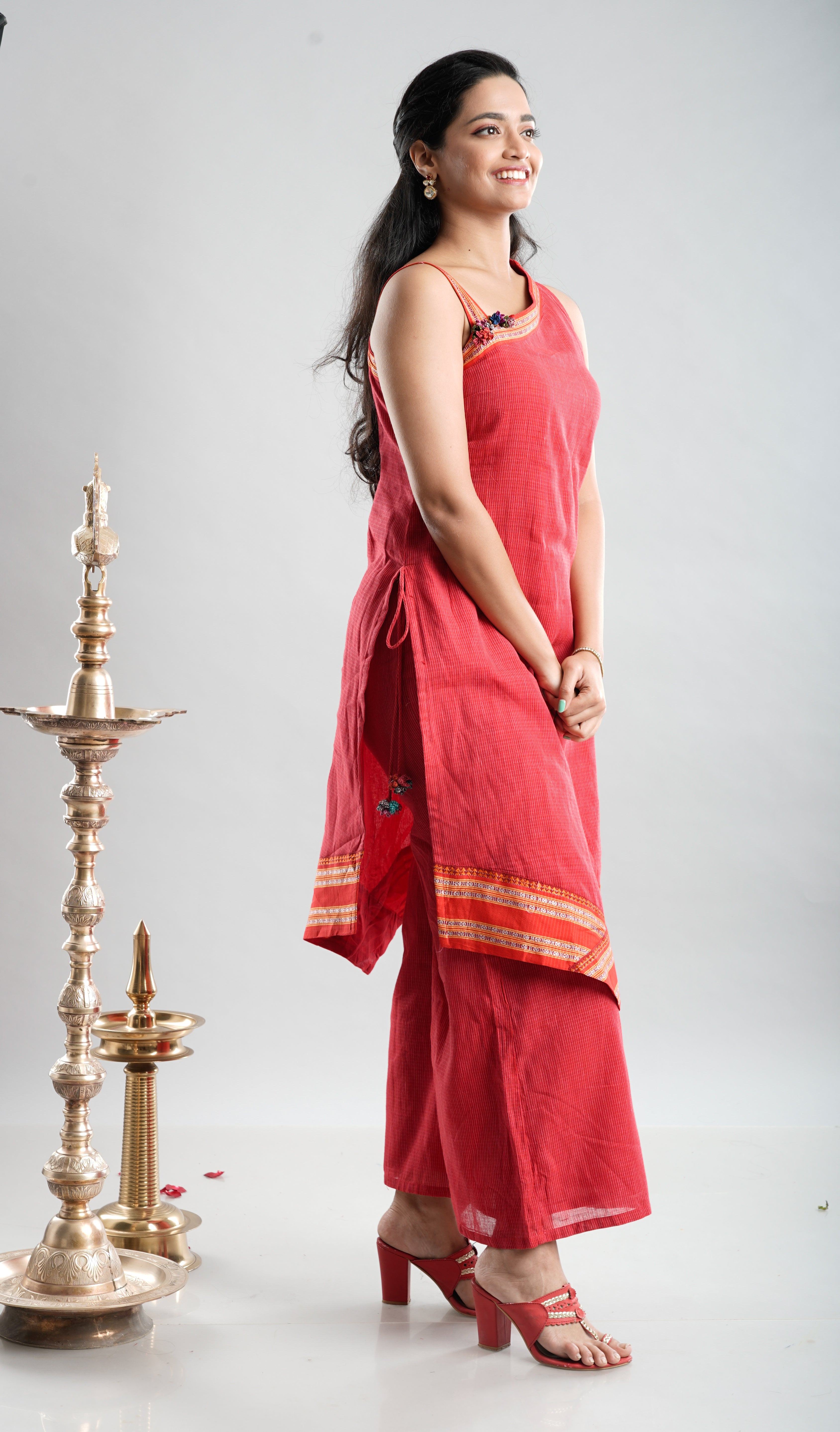 Red One-Shoulder Handloom Kurta Set
