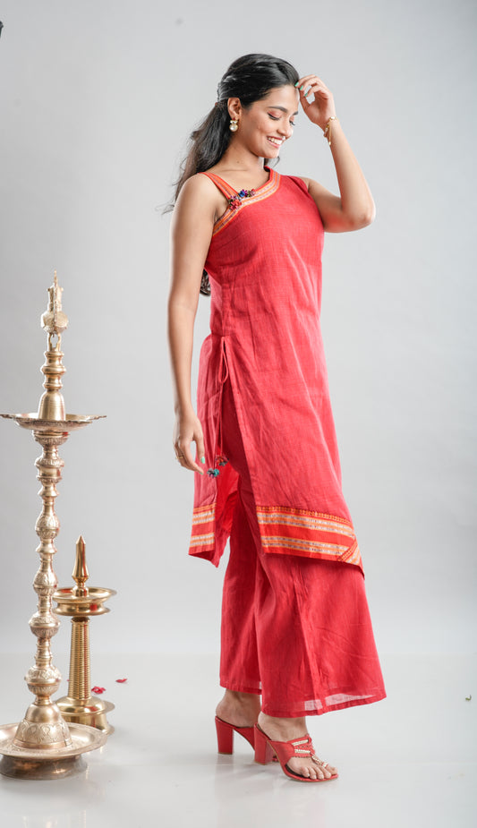 Red One-Shoulder Handloom Kurta Set