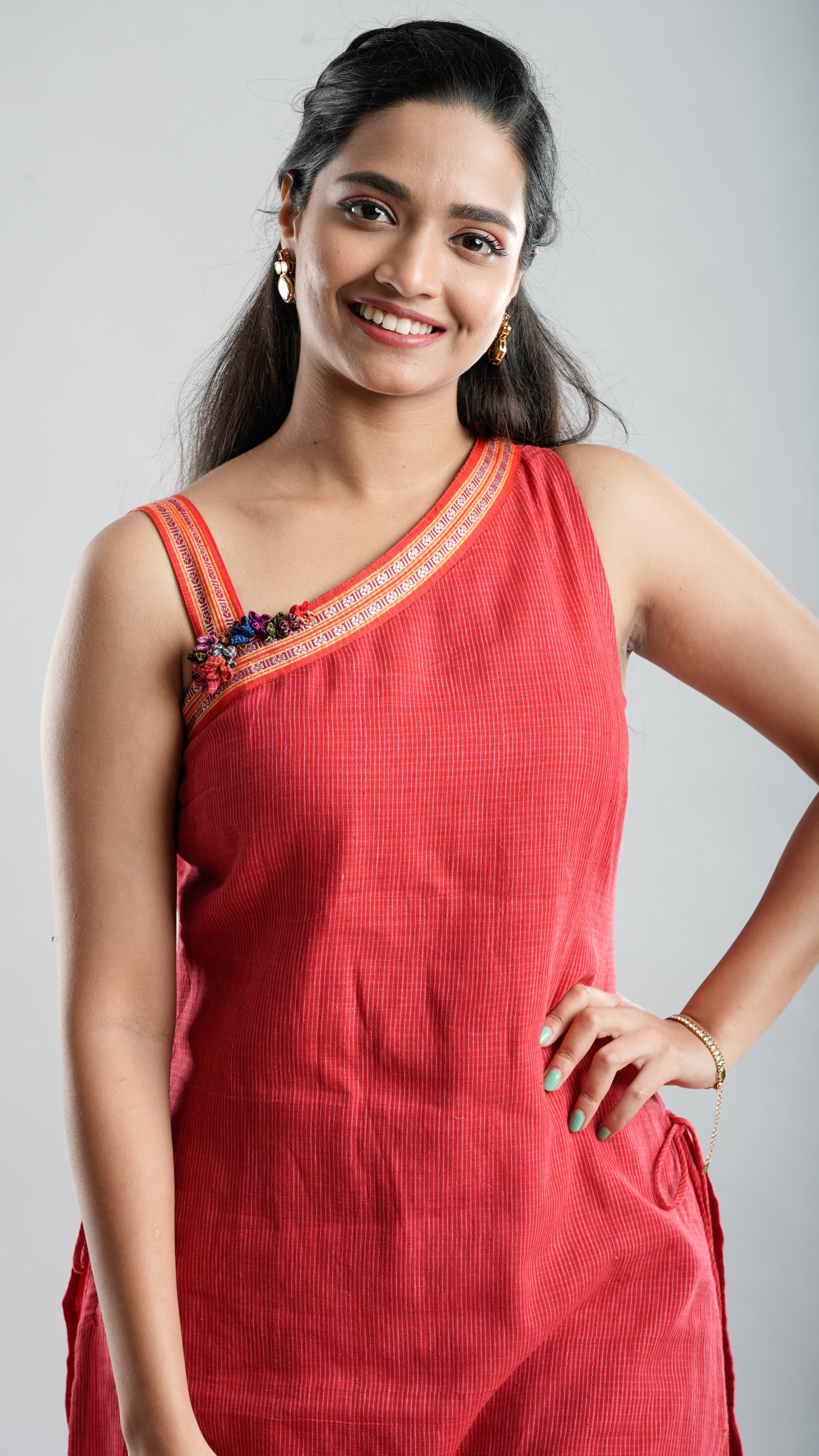 Red One-Shoulder Handloom Kurta Set