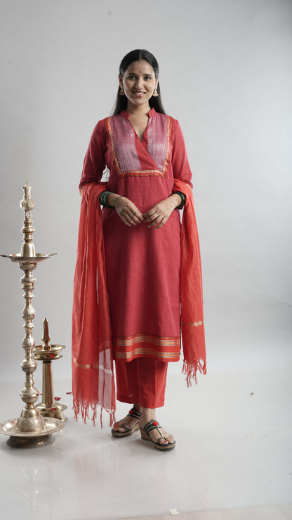 Classic Red Handloom Kurta Set with Dupatta