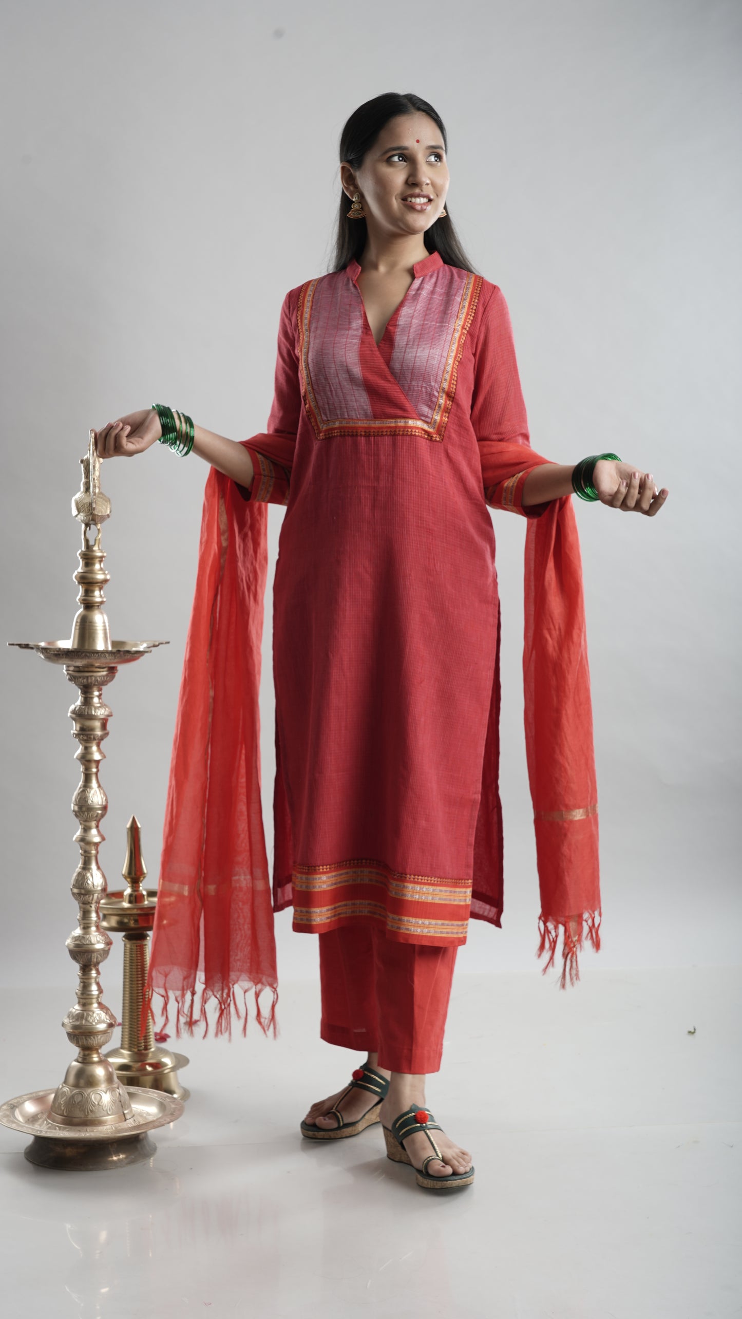 Classic Red Handloom Kurta Set with Dupatta