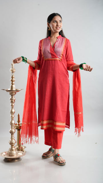 Classic Red Handloom Kurta Set with Dupatta