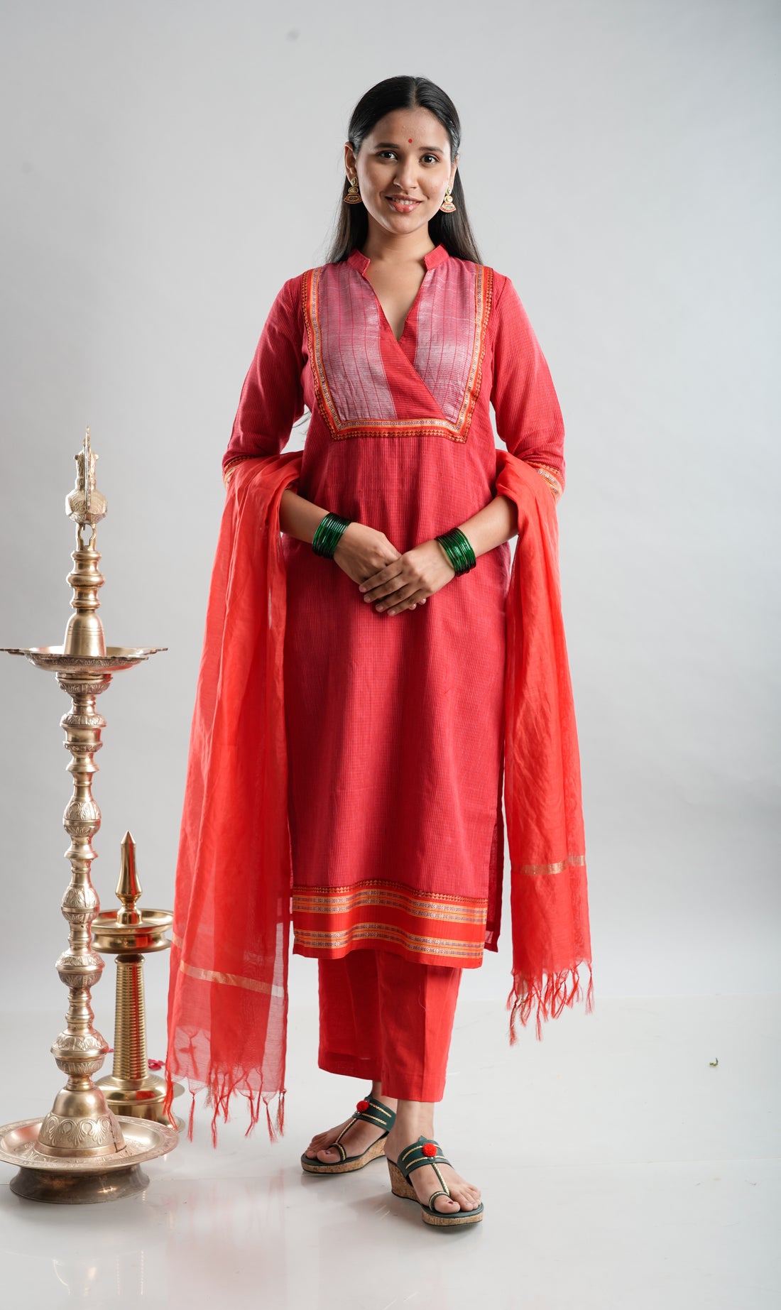 Classic Red Handloom Kurta Set with Dupatta