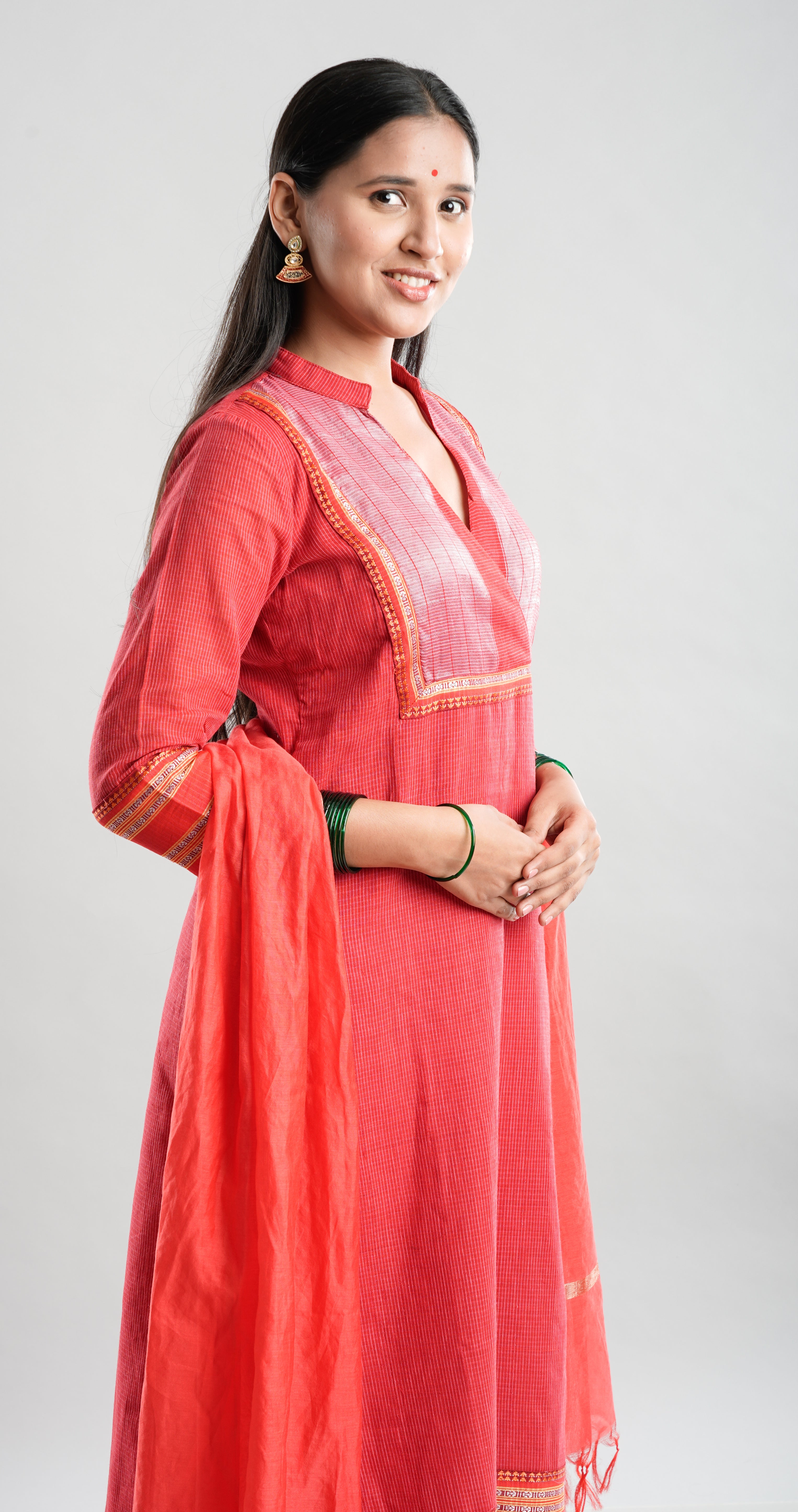Classic Red Handloom Kurta Set with Dupatta