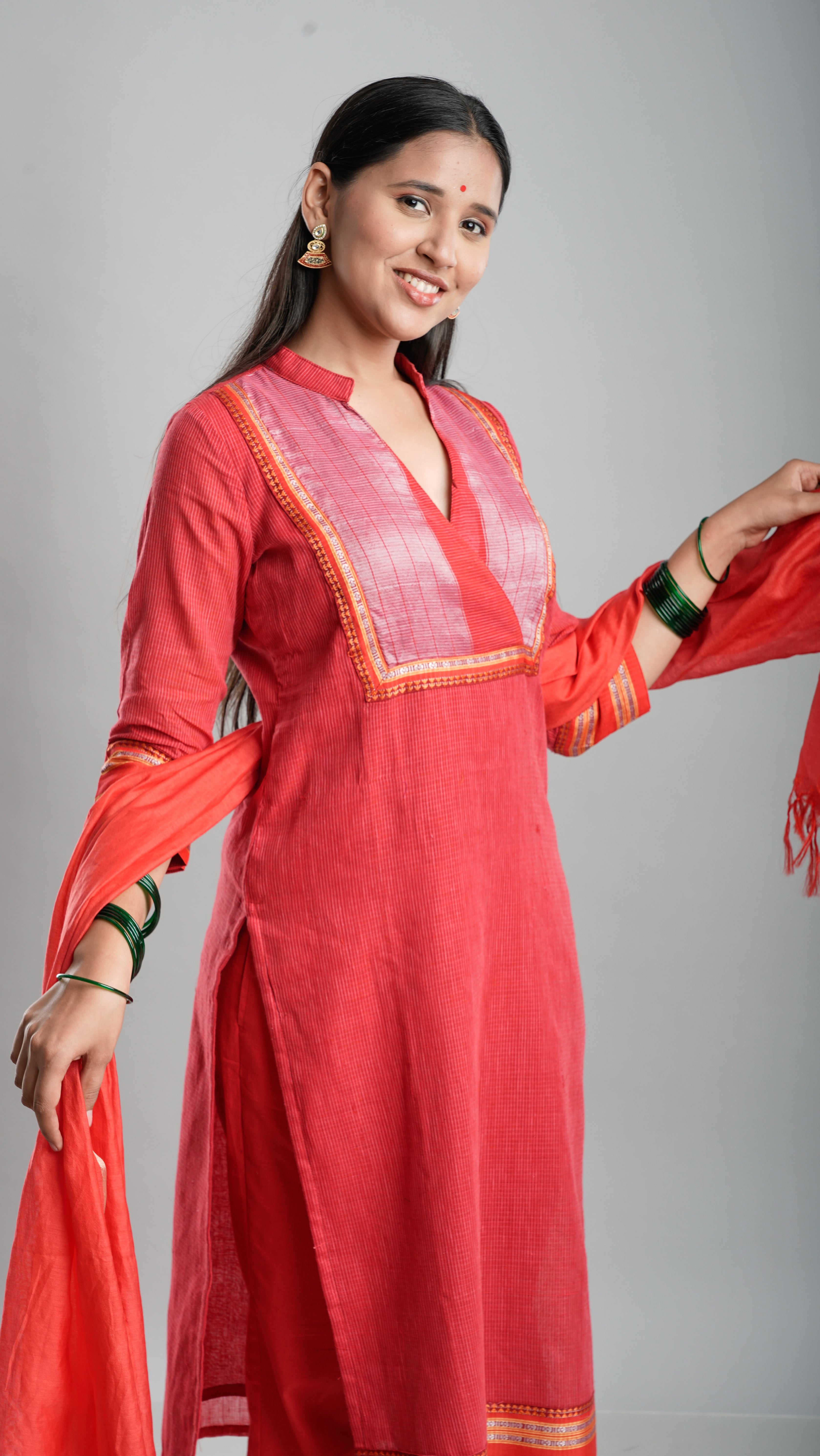 Classic Red Handloom Kurta Set with Dupatta