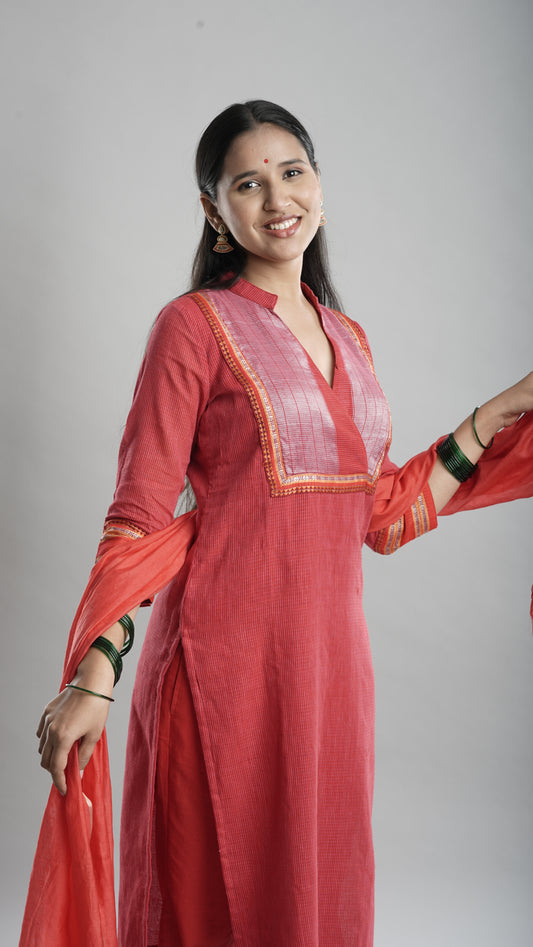 Classic Red Handloom Kurta Set with Dupatta