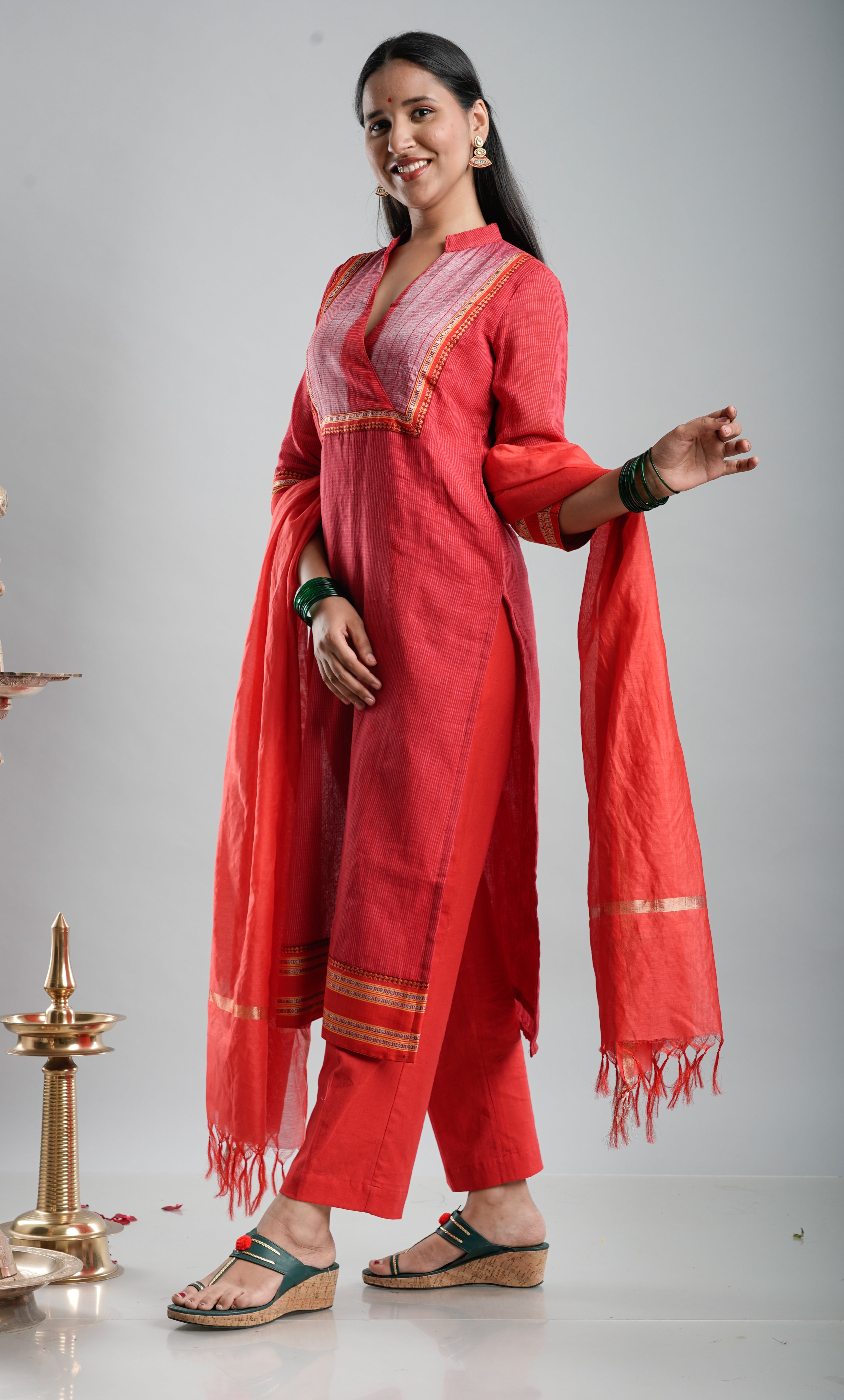 Classic Red Handloom Kurta Set with Dupatta
