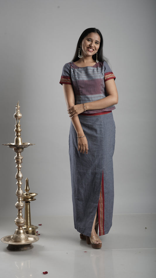 Handloom Co-Ord Set with Slit Skirt - Charcoal Blue