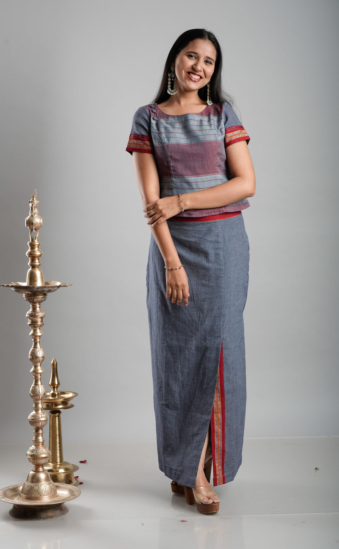Handloom Co-Ord Set with Slit Skirt - Charcoal Blue