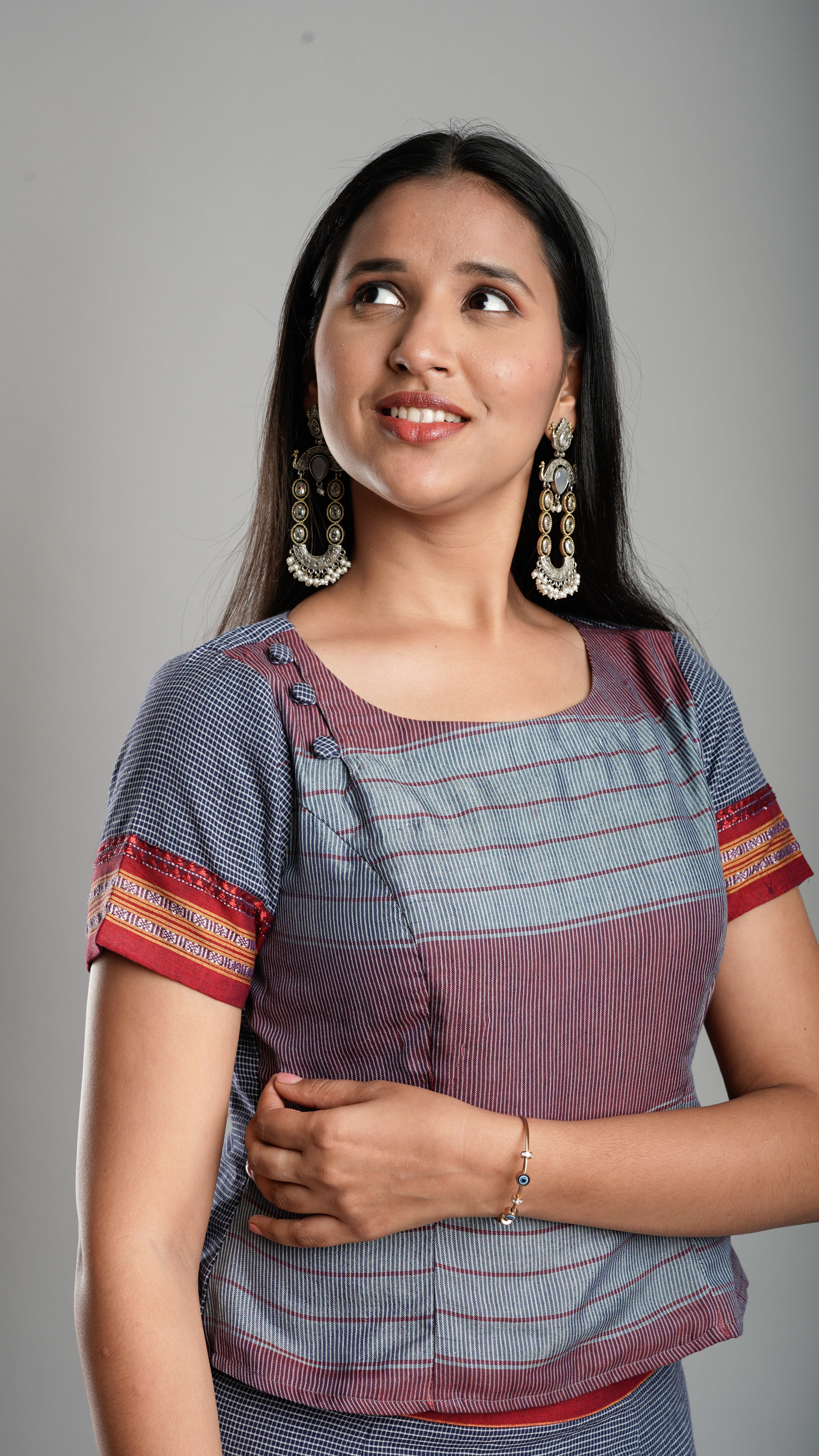 Handloom Co-Ord Set with Slit Skirt - Charcoal Blue