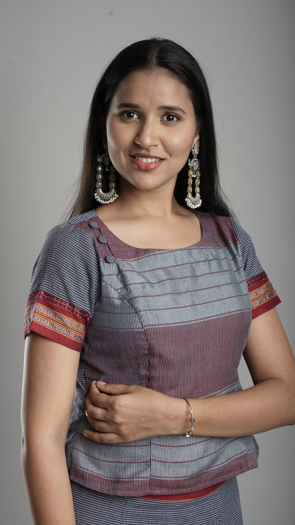 Handloom Co-Ord Set with Slit Skirt - Charcoal Blue