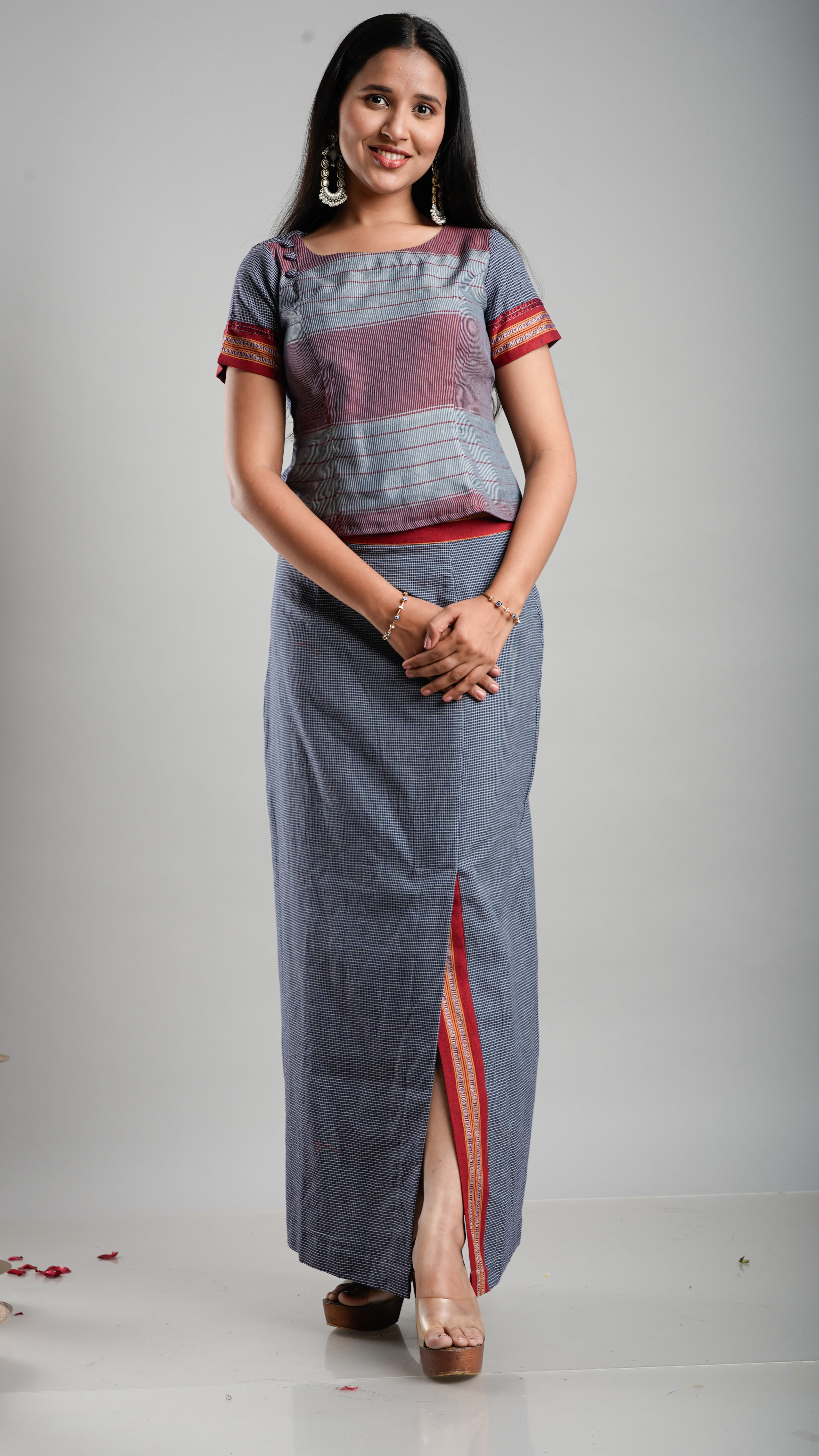 Handloom Co-Ord Set with Slit Skirt - Charcoal Blue
