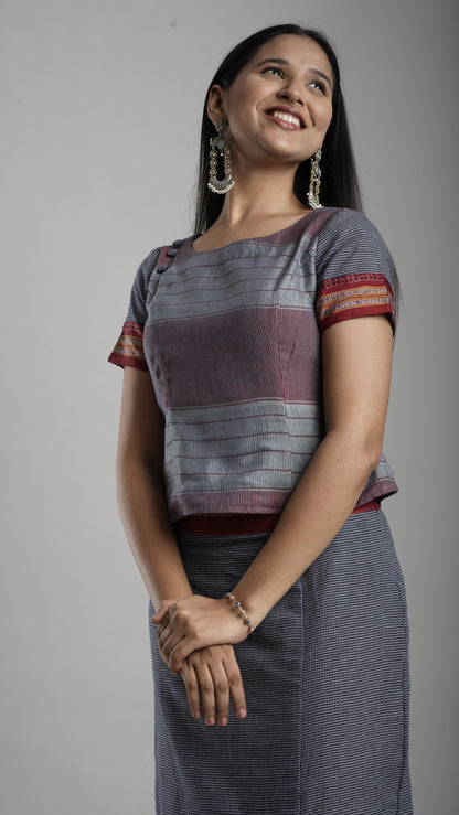 Handloom Co-Ord Set with Slit Skirt - Charcoal Blue