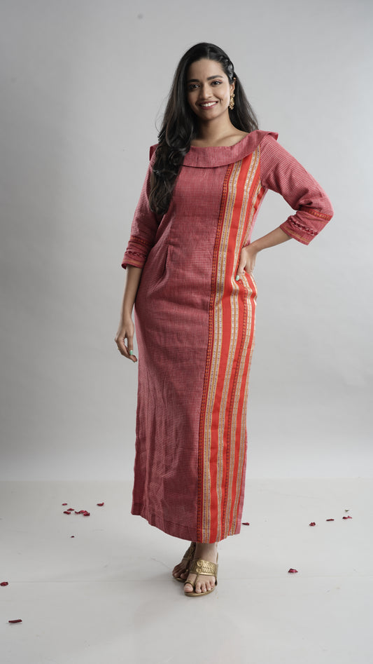 Wine Checked A-line Gown With Ethnic Border.