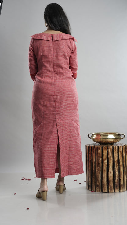 Wine Checked A-line Gown With Ethnic Border.