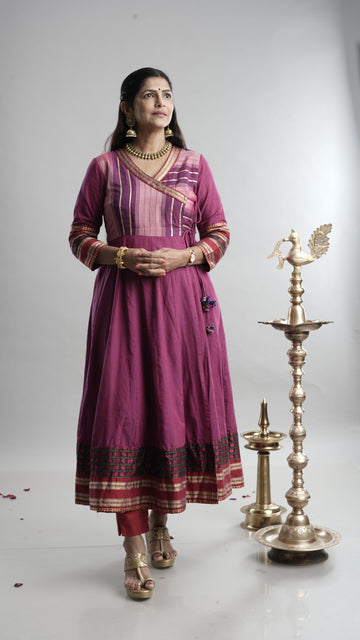 Magenta Handloom Angarkha Dress with Elephant Border