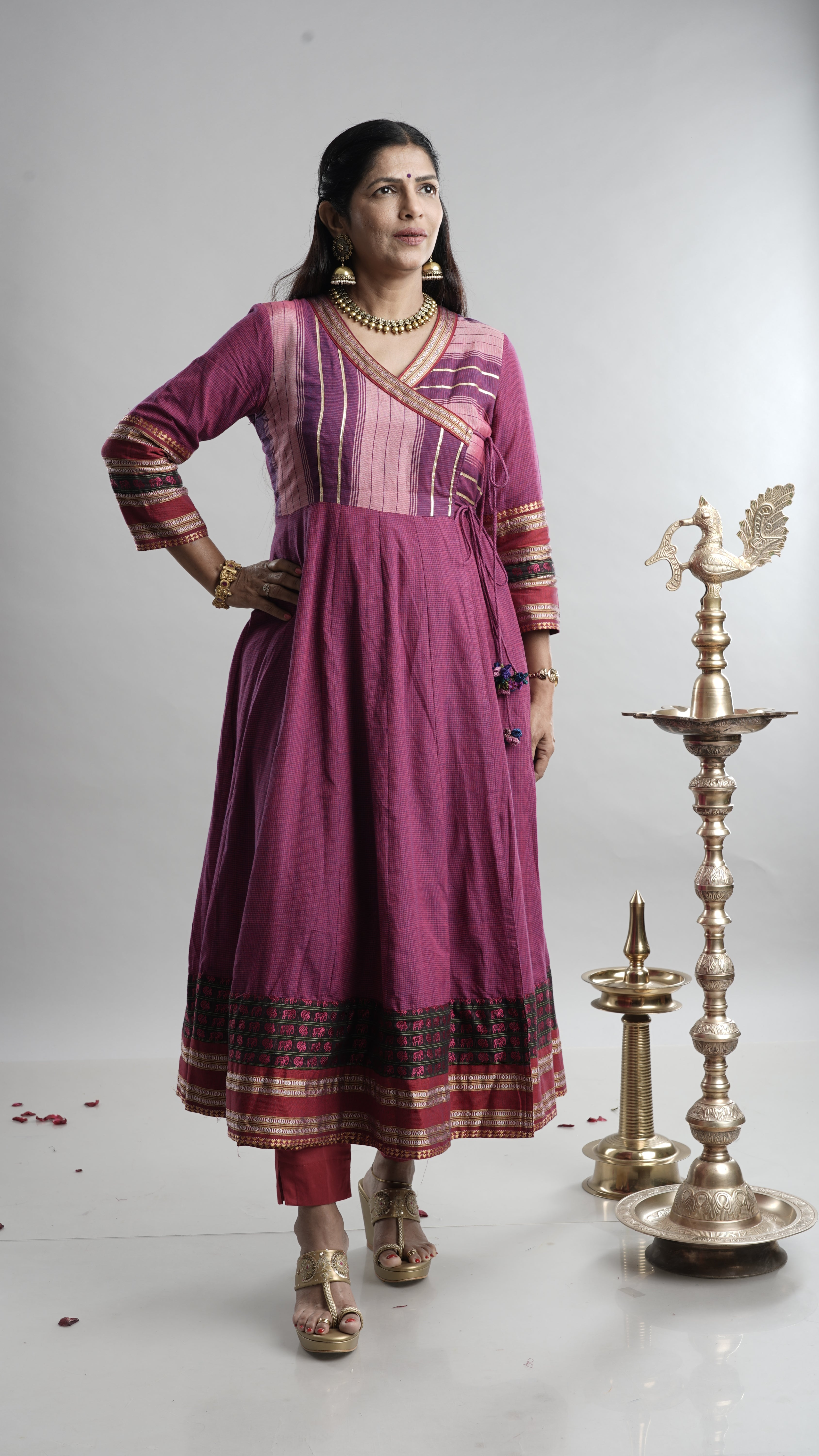 Magenta Handloom Angarkha Dress with Elephant Border