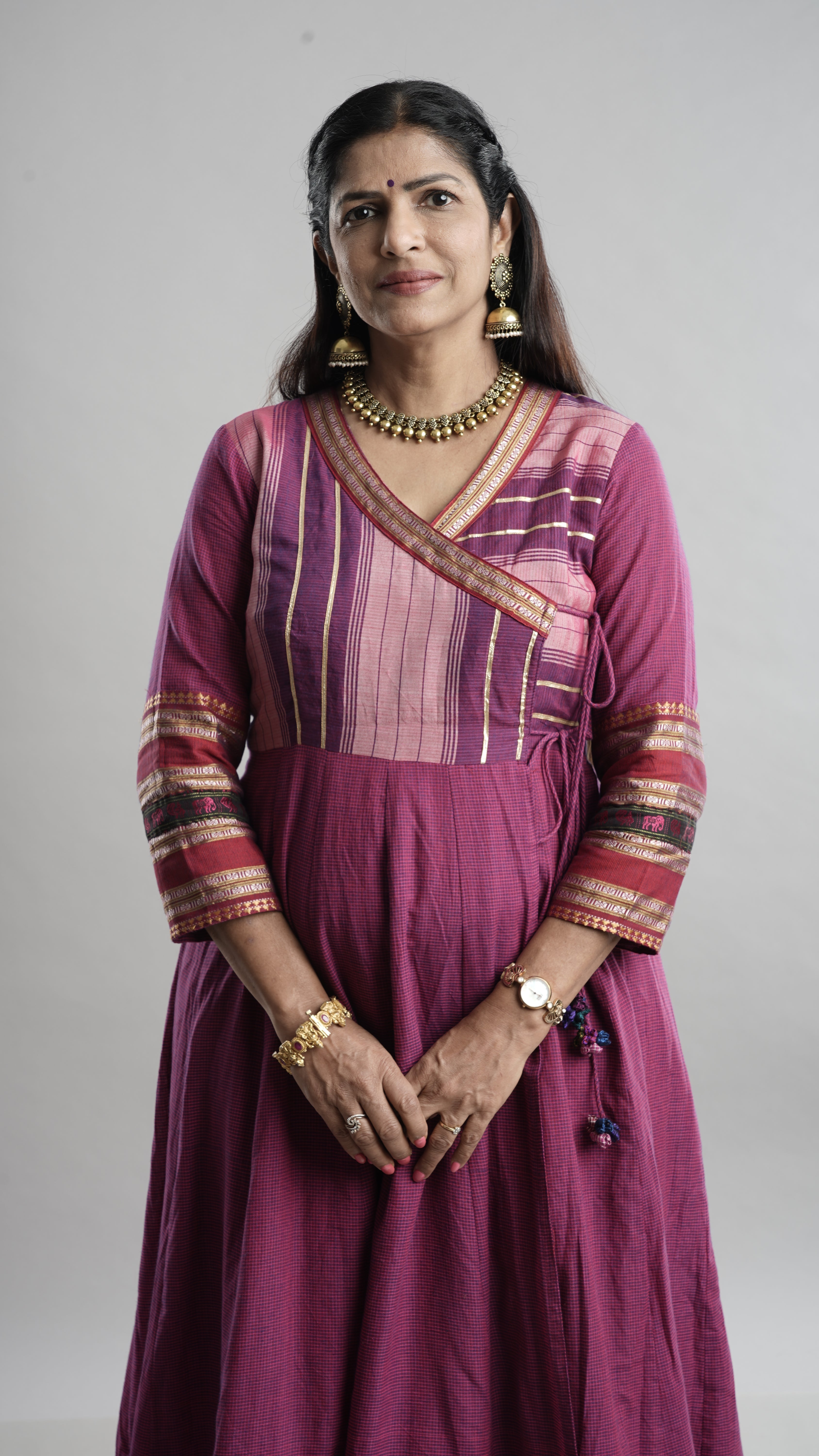 Magenta Handloom Angarkha Dress with Elephant Border