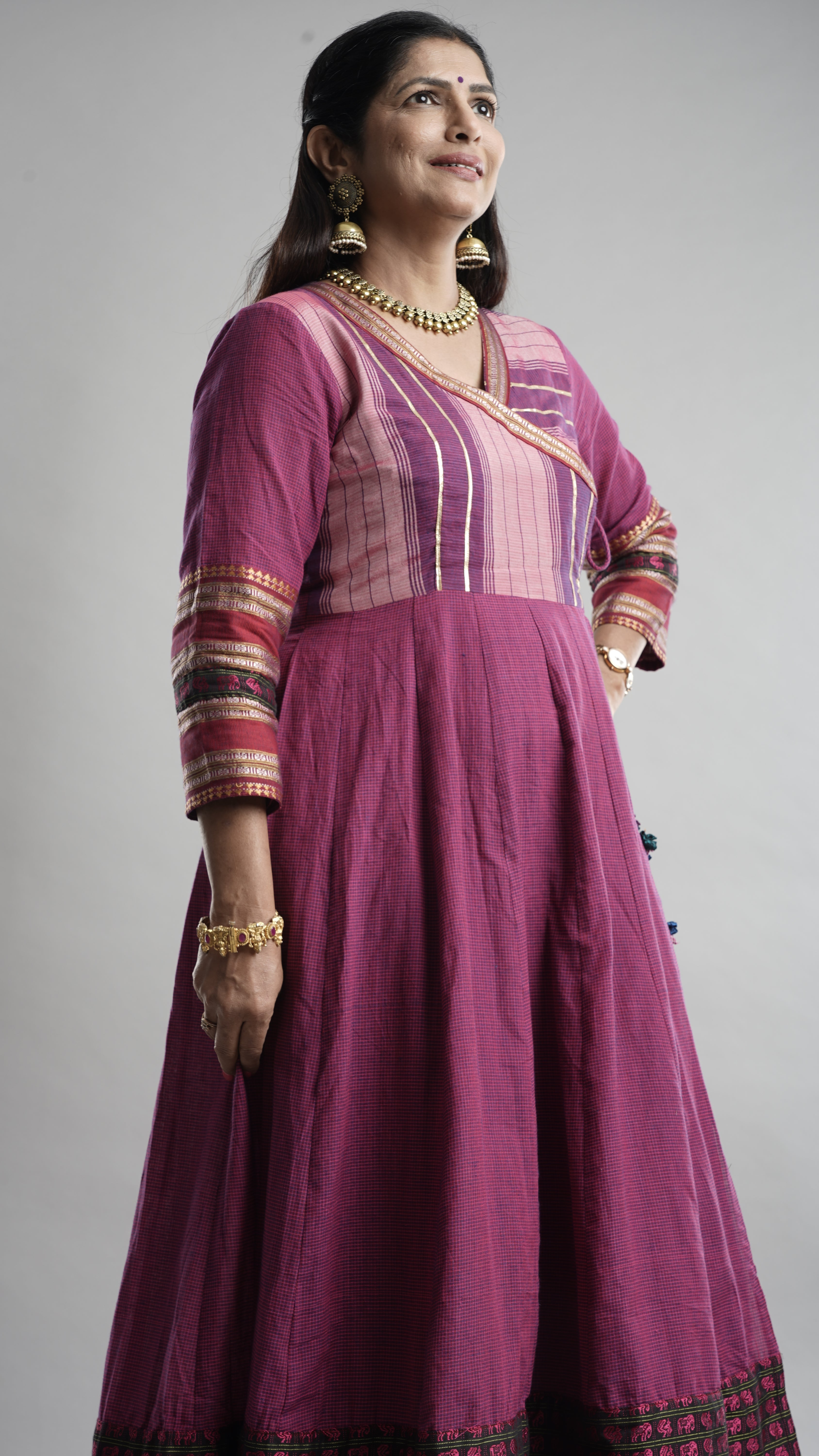 Magenta Handloom Angarkha Dress with Elephant Border