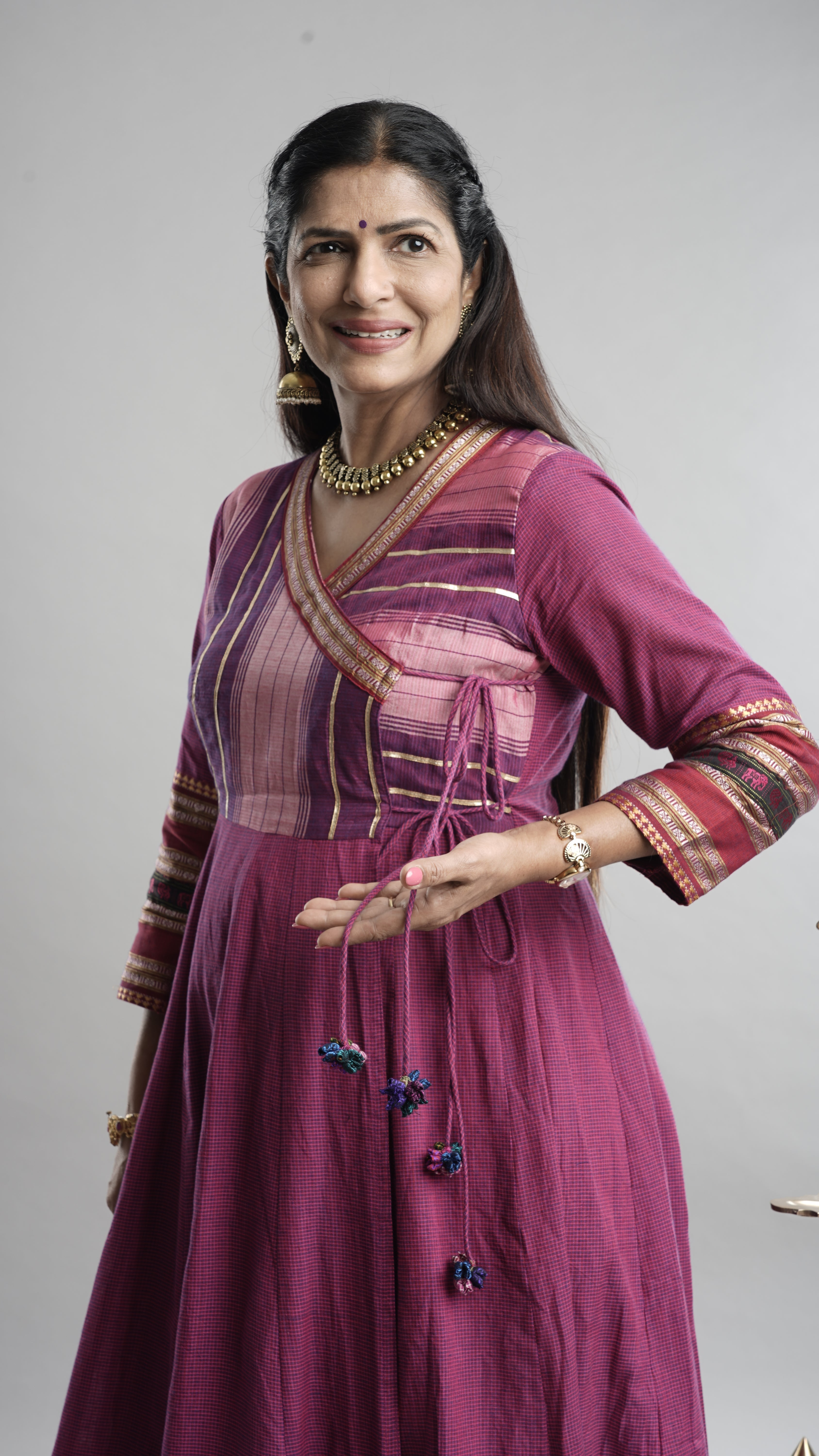 Magenta Handloom Angarkha Dress with Elephant Border