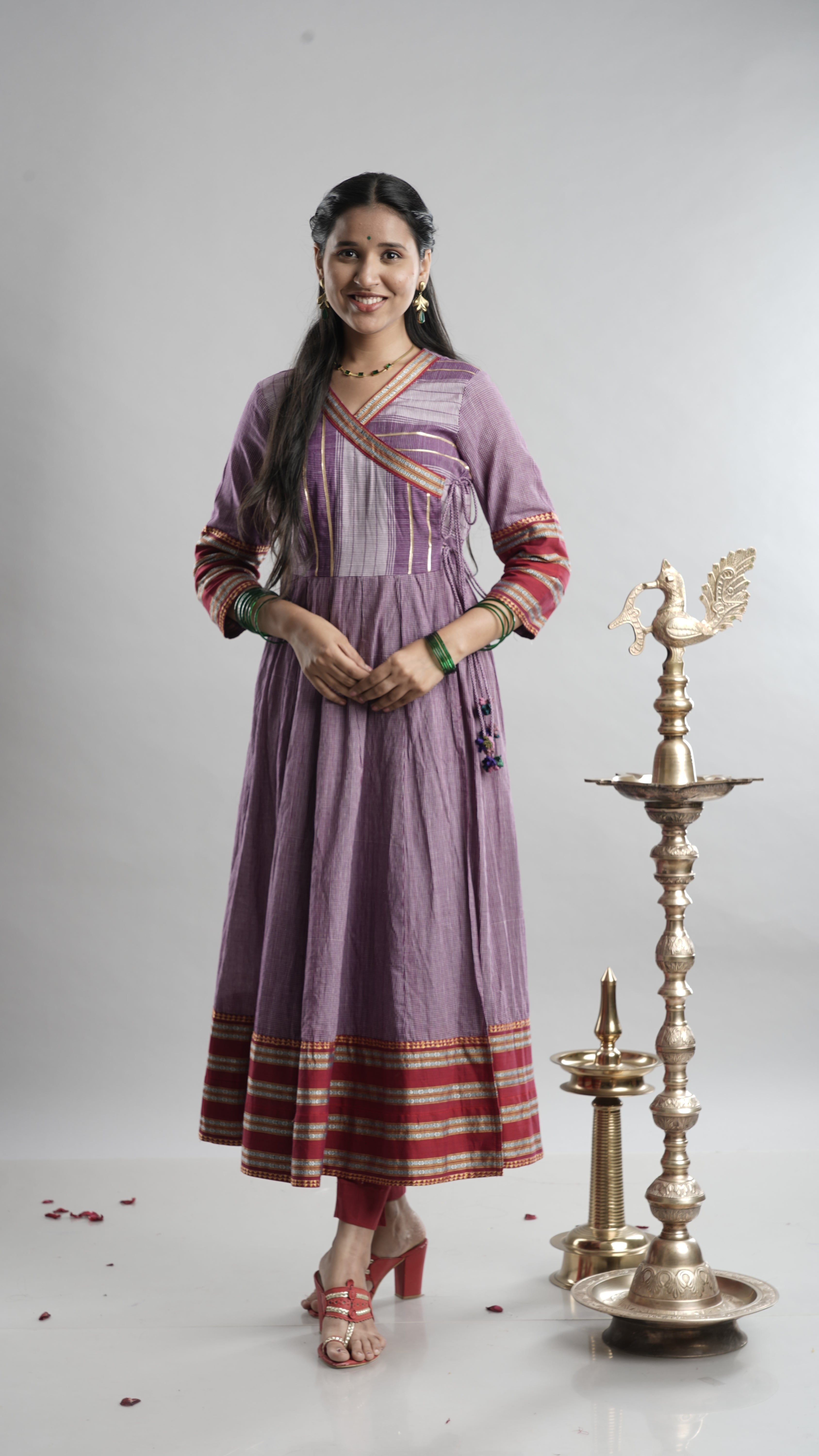 Lavender Handloom Angarkha Dress with Woven Border