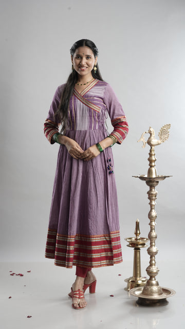 Lavender Handloom Angarkha Dress with Woven Border