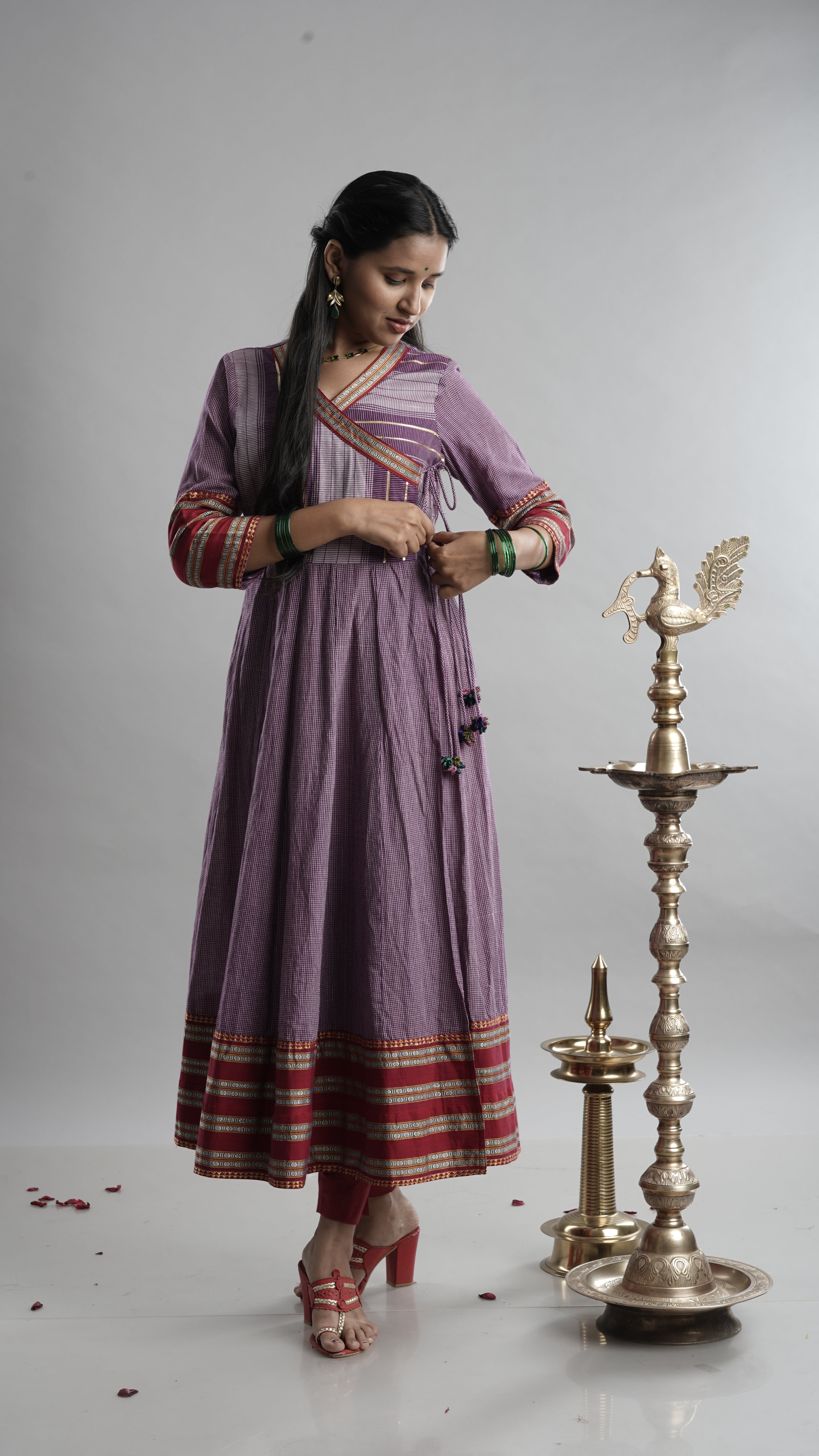 Lavender Handloom Angarkha Dress with Woven Border