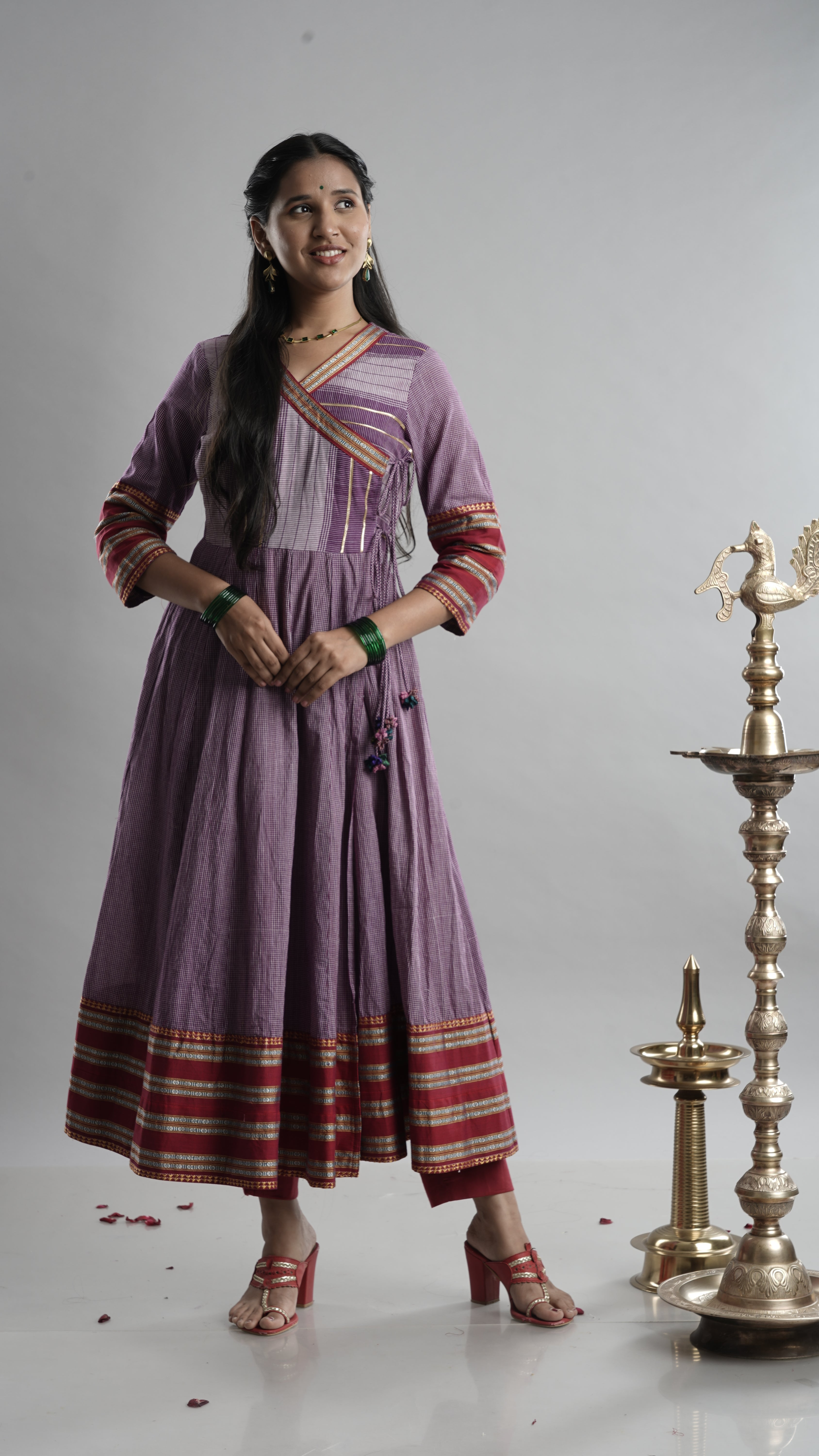 Lavender Handloom Angarkha Dress with Woven Border