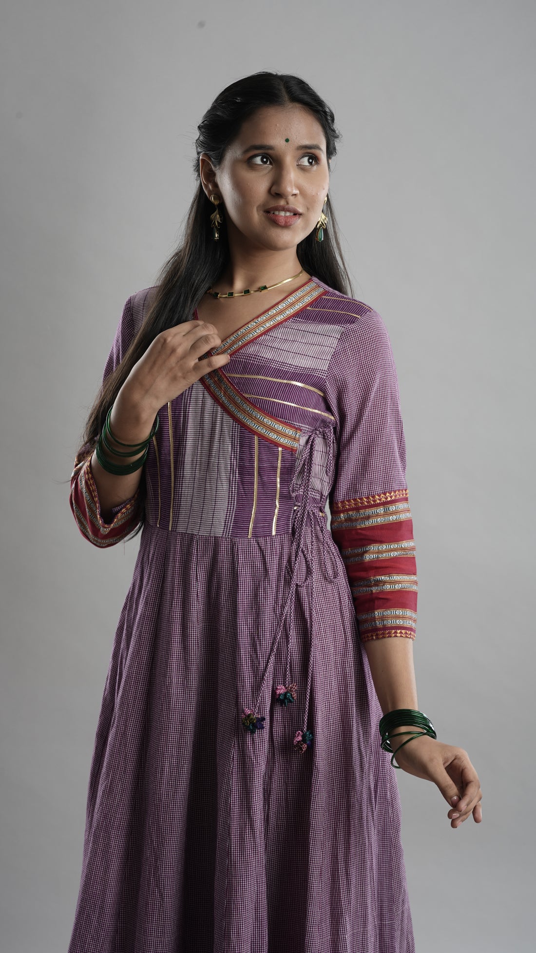Lavender Handloom Angarkha Dress with Woven Border
