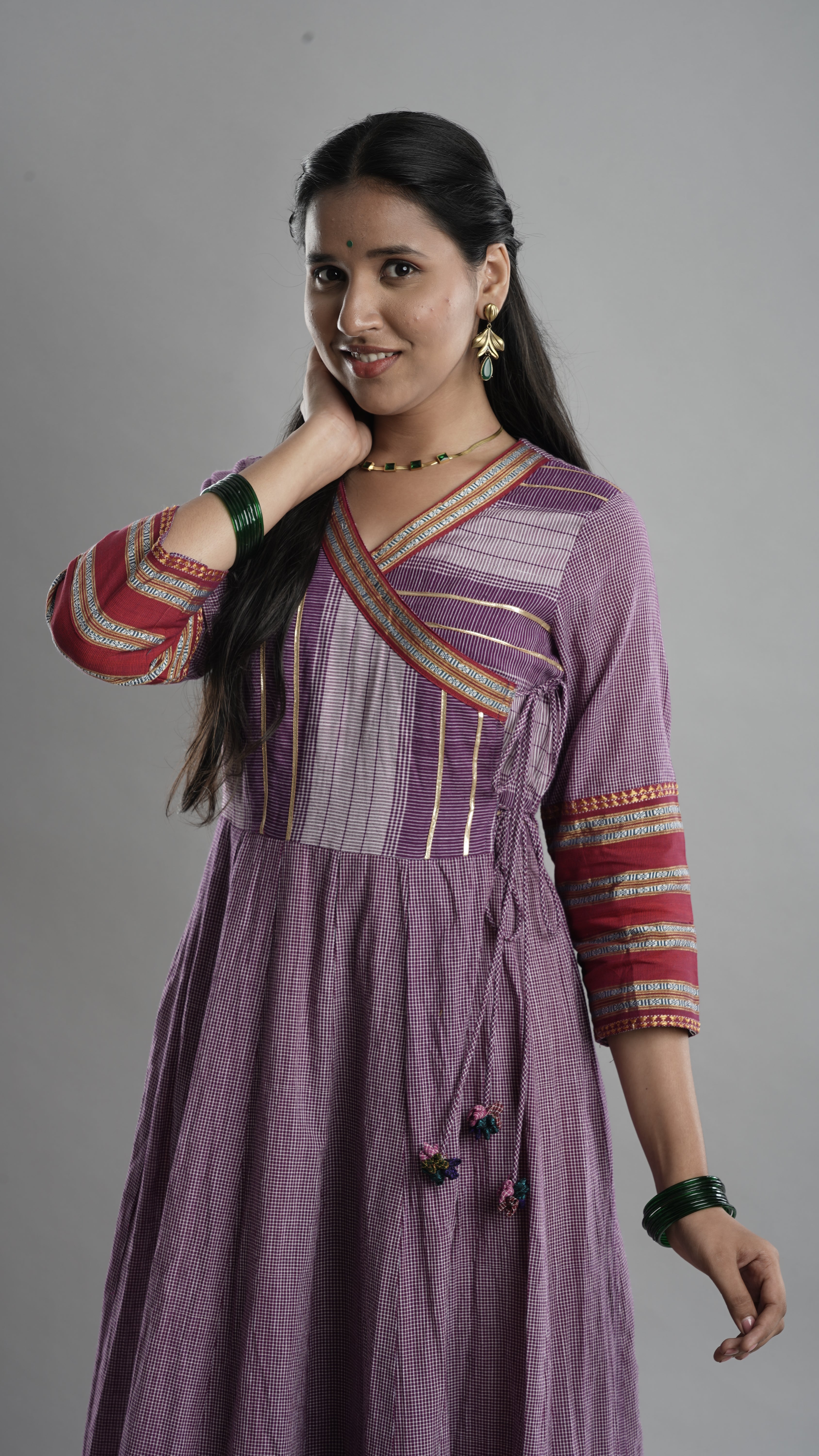 Lavender Handloom Angarkha Dress with Woven Border