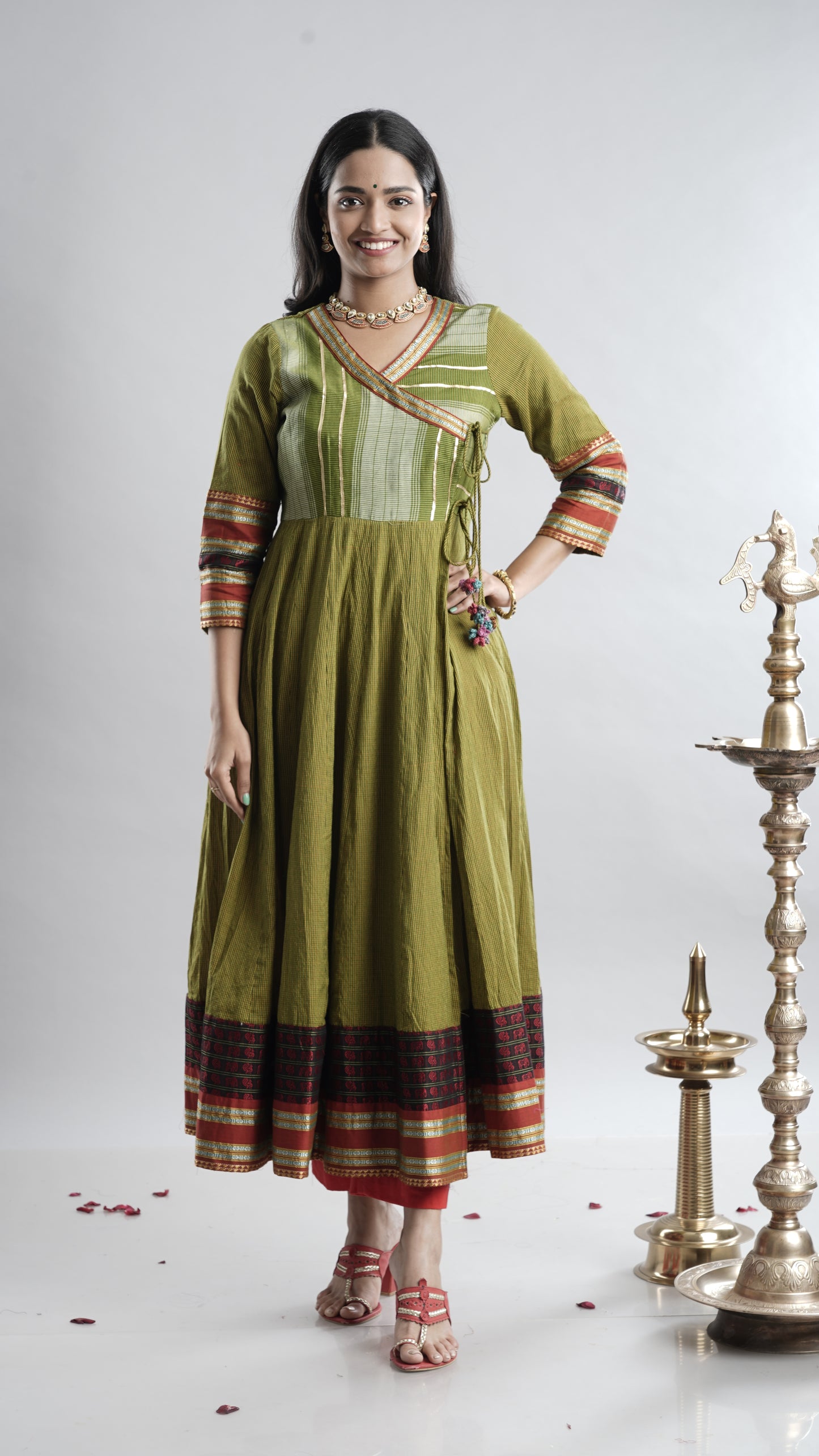 Olive Green Handloom Angarkha Dress