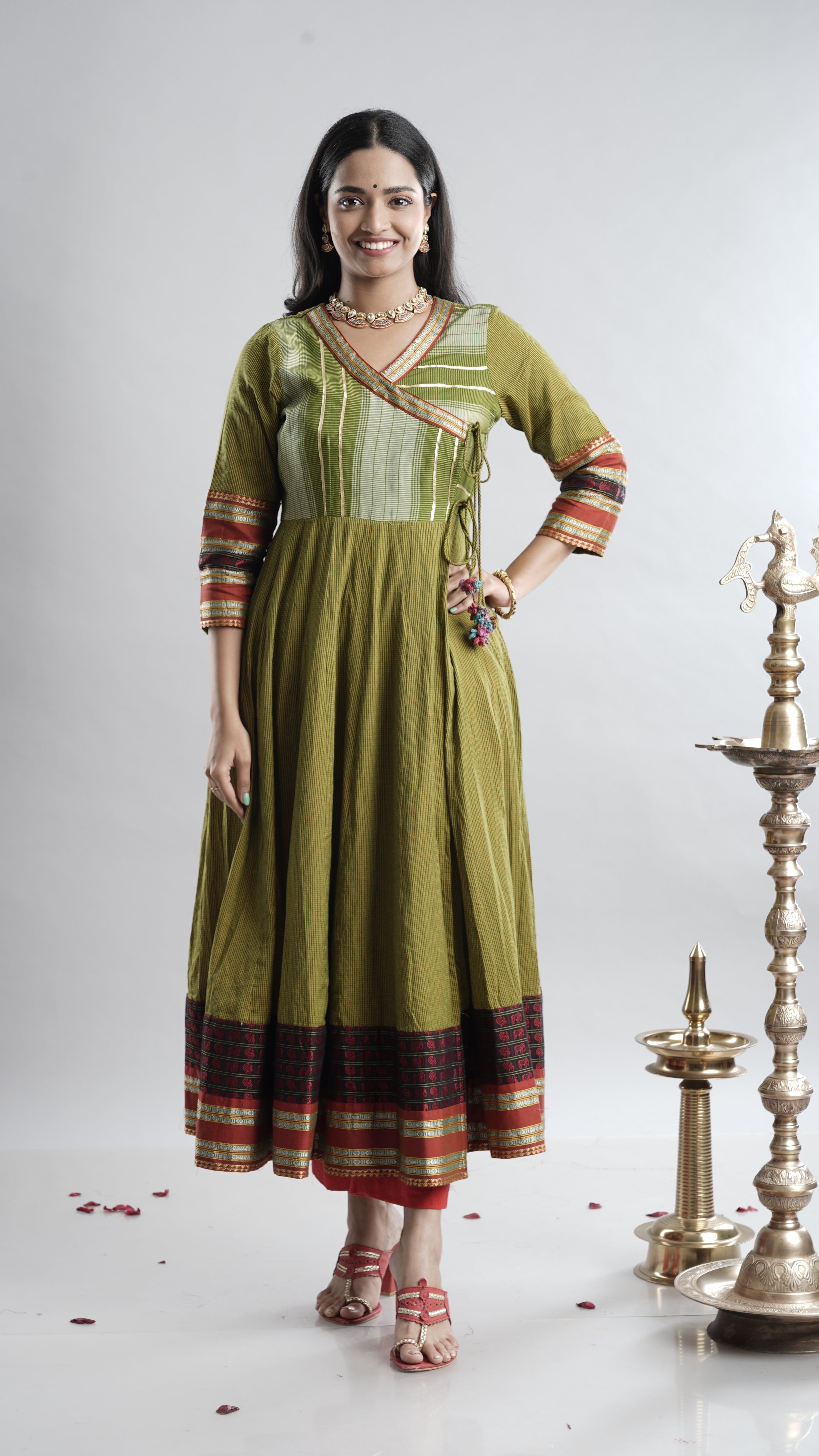 Olive Green Handloom Angarkha Dress