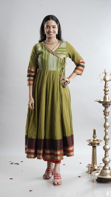 Olive Green Handloom Angarkha Dress