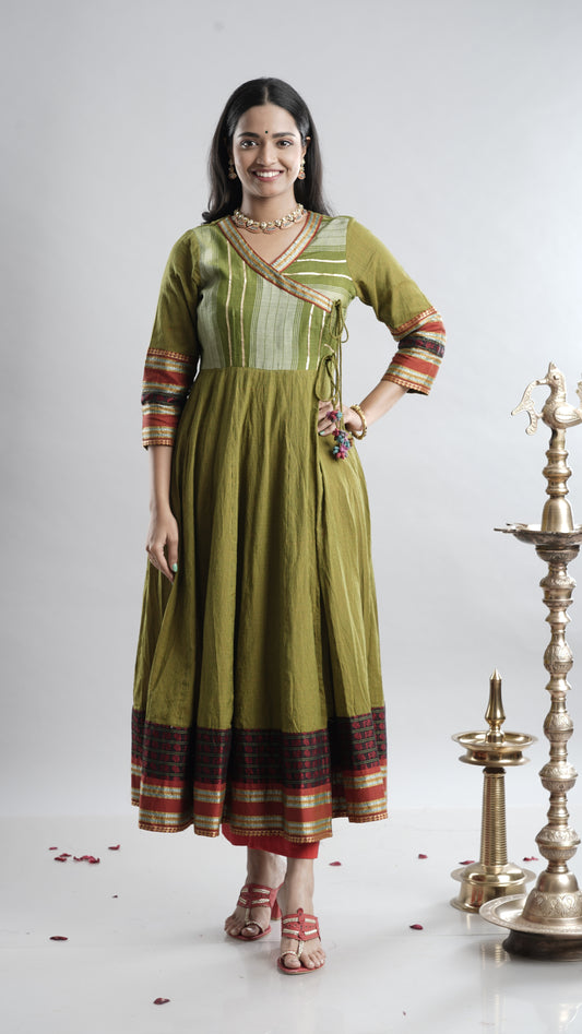 Olive Green Handloom Angarkha Dress