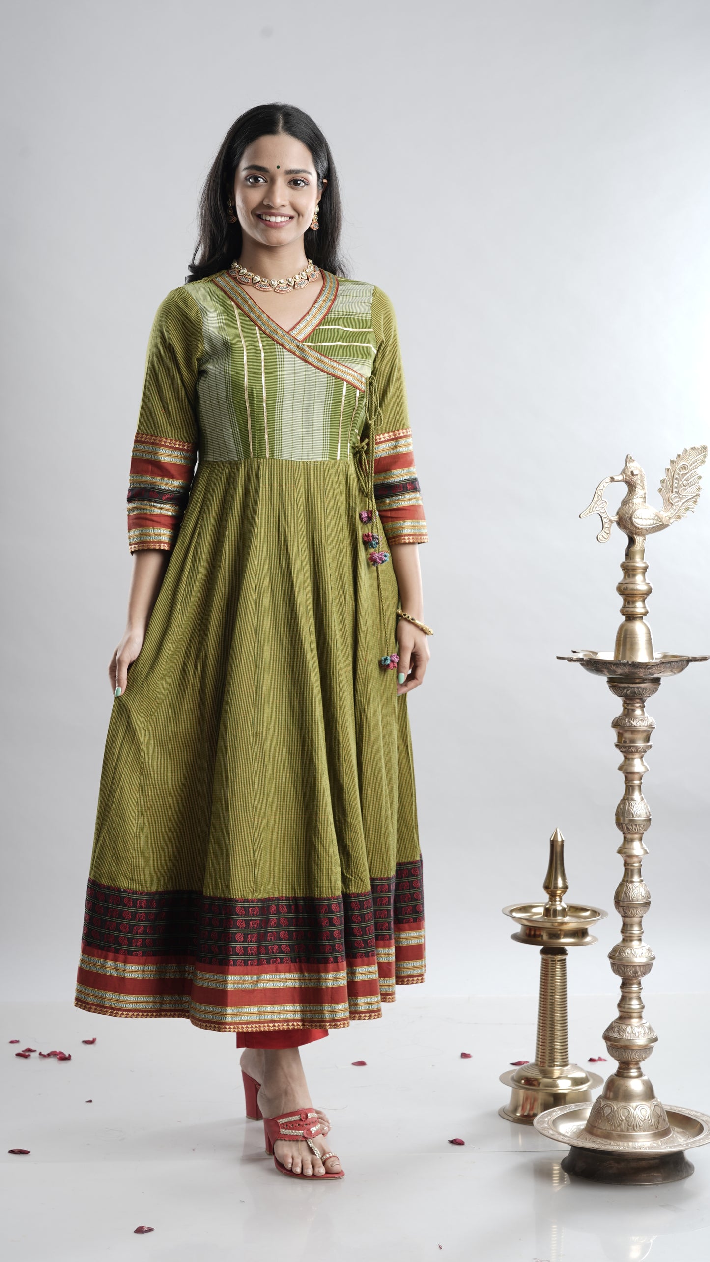 Olive Green Handloom Angarkha Dress