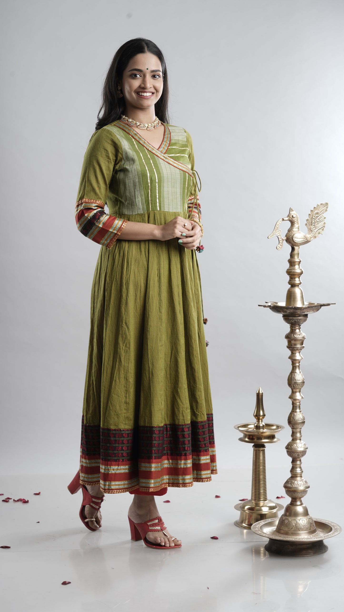 Olive Green Handloom Angarkha Dress