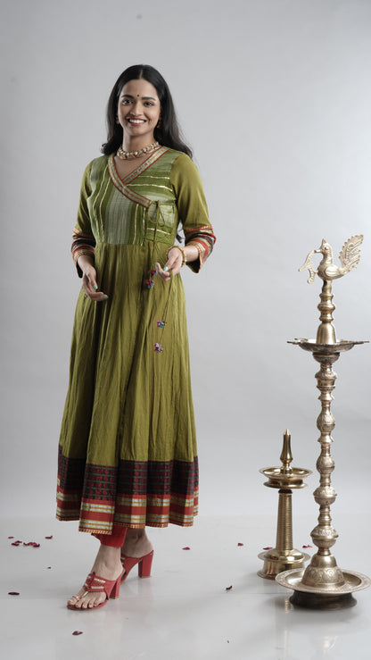 Olive Green Handloom Angarkha Dress