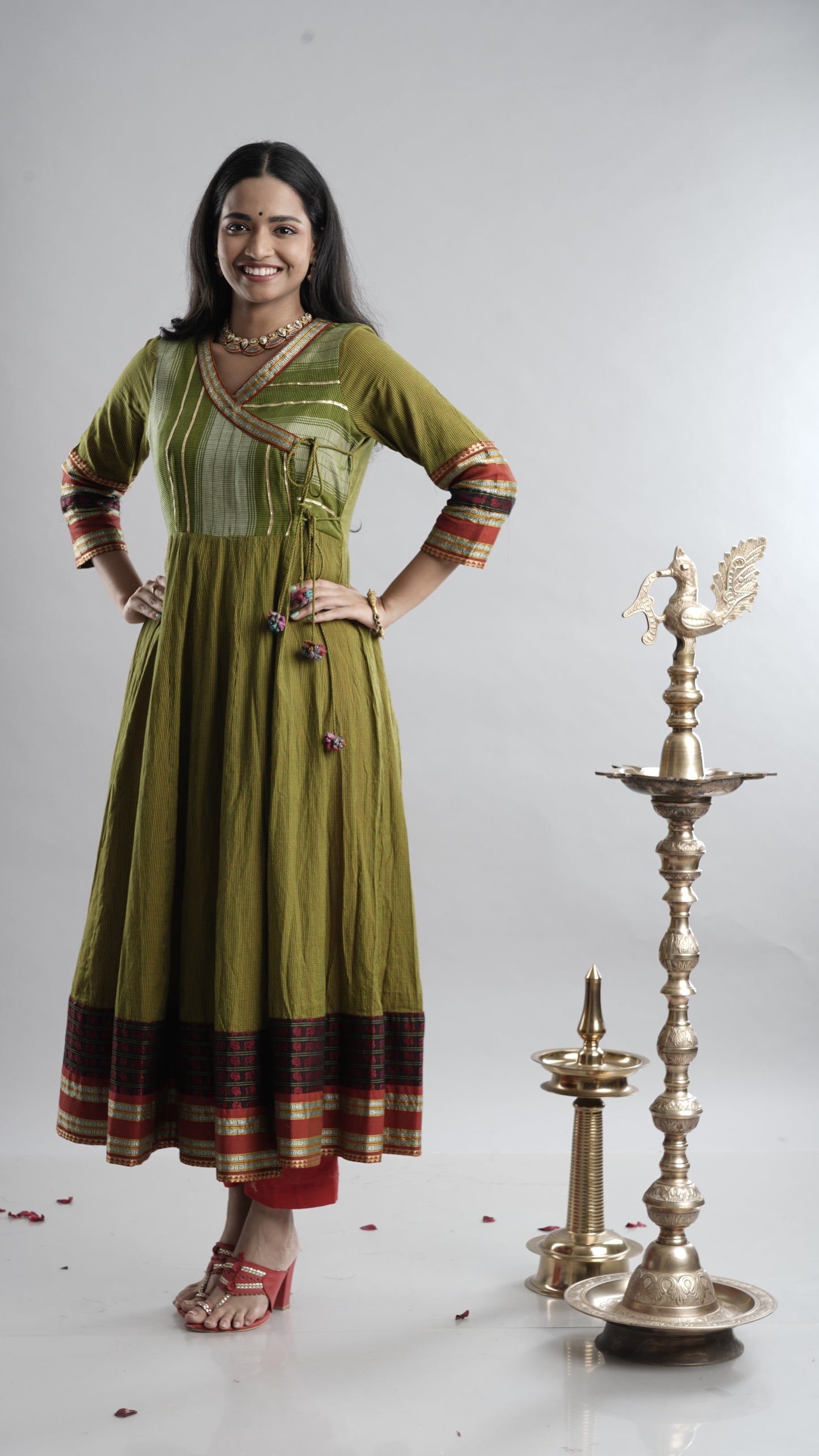 Olive Green Handloom Angarkha Dress