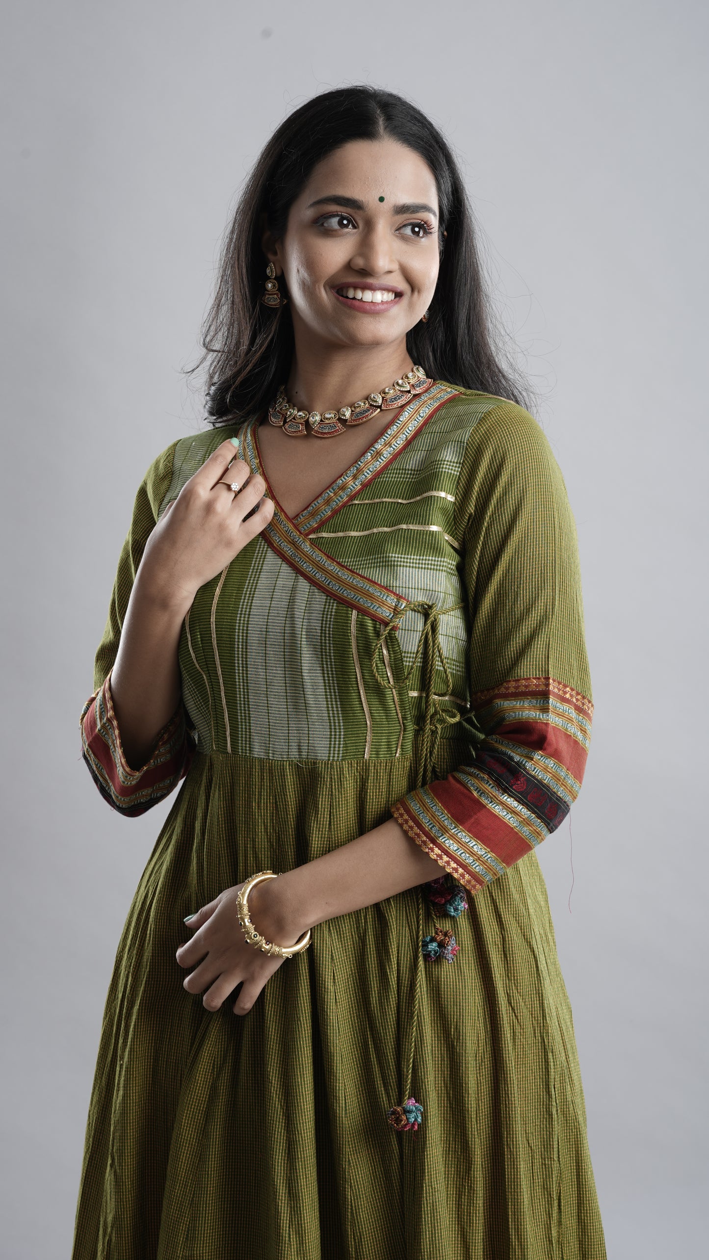 Olive Green Handloom Angarkha Dress