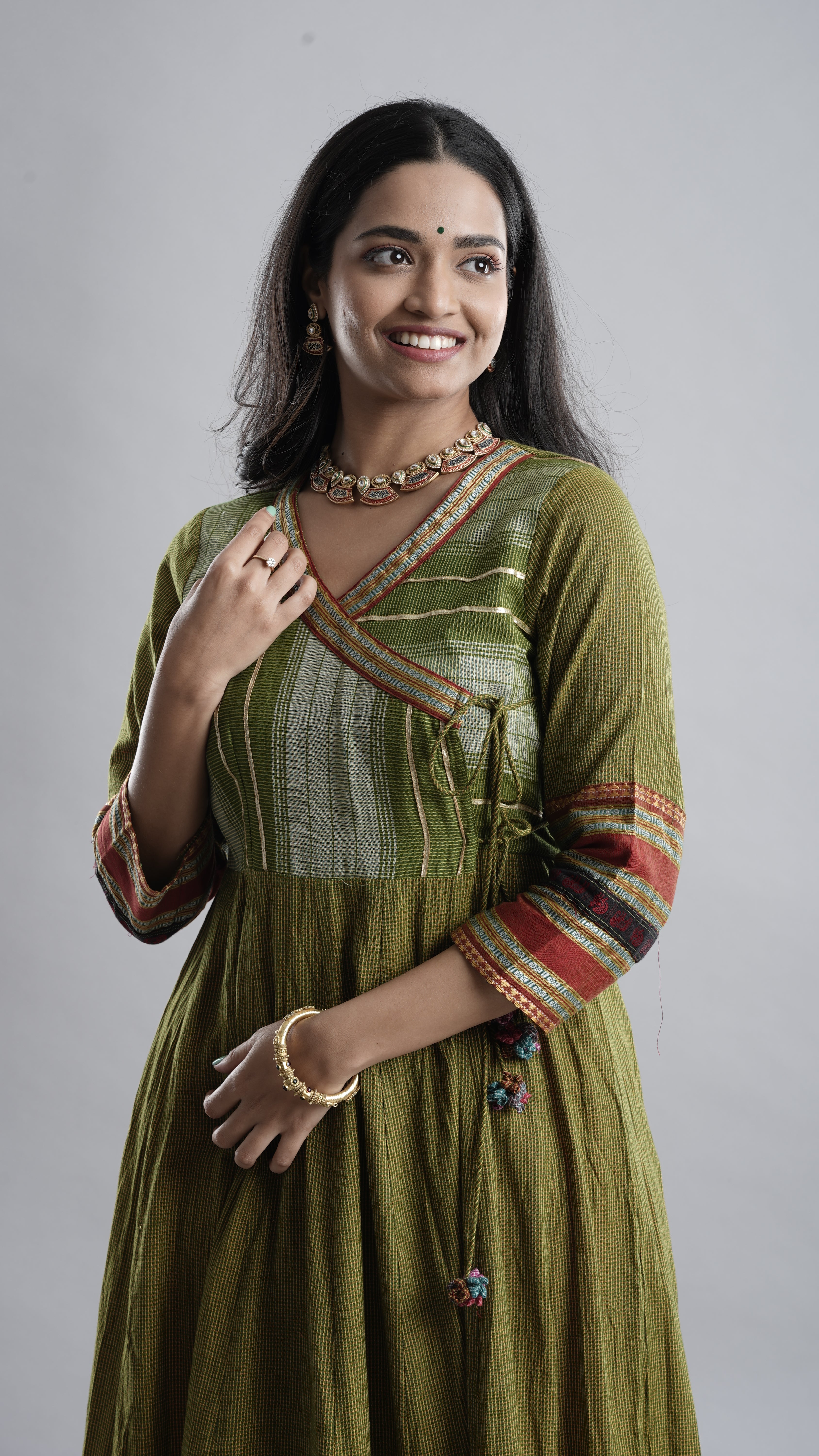 Olive Green Handloom Angarkha Dress