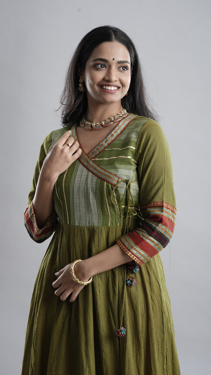 Olive Green Handloom Angarkha Dress