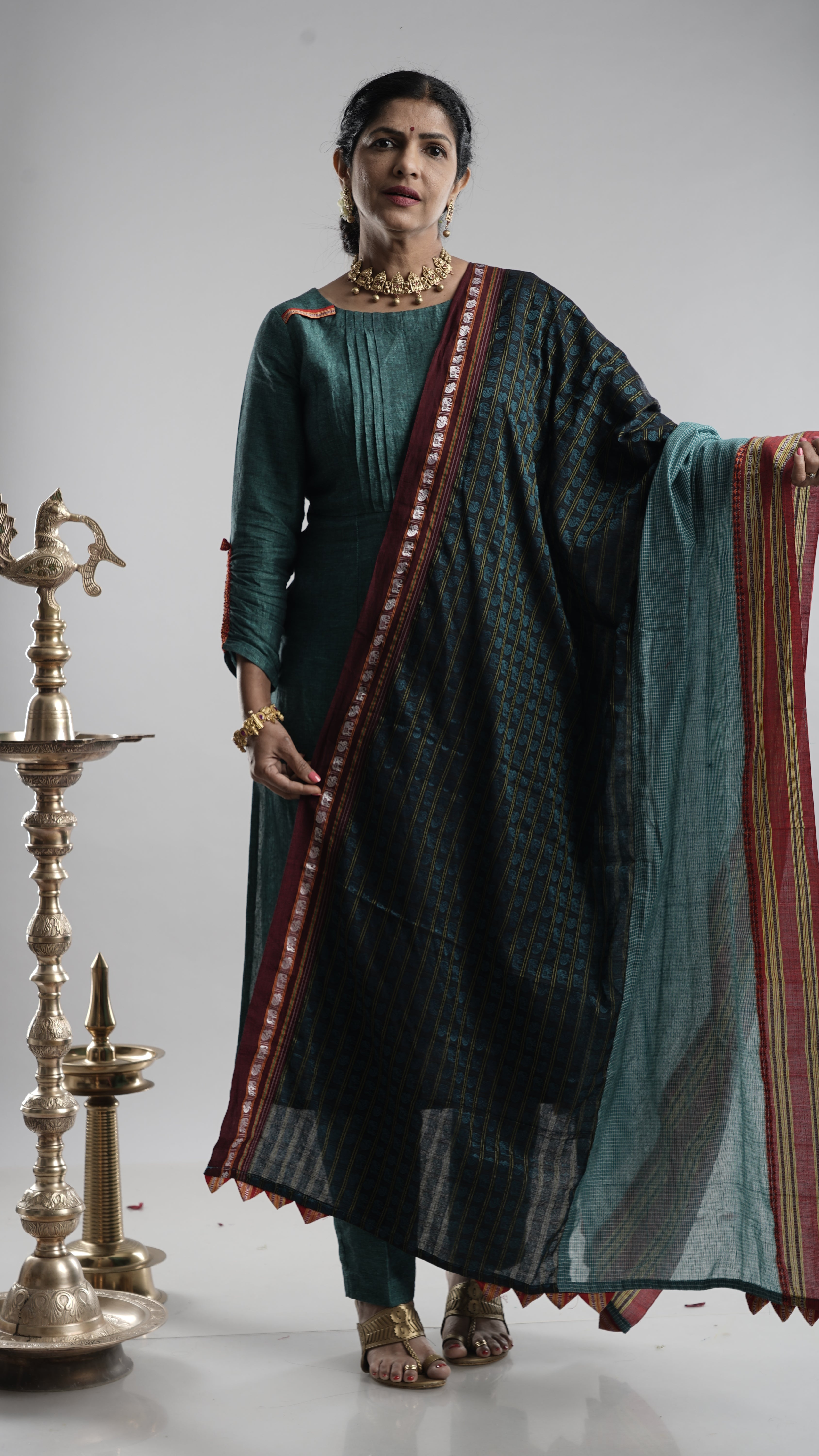 Linen Kurta Pant Set with Dupatta - Blue