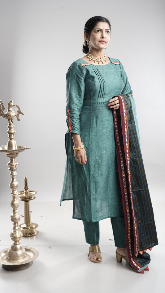 Linen Kurta Pant Set with Dupatta - Blue