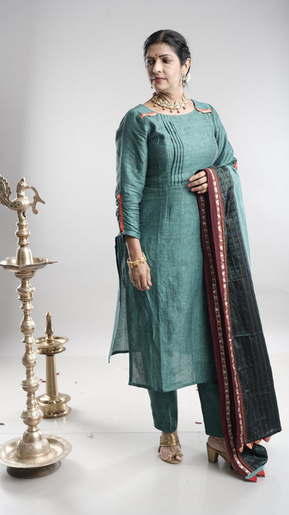 Linen Kurta Pant Set with Dupatta - Blue