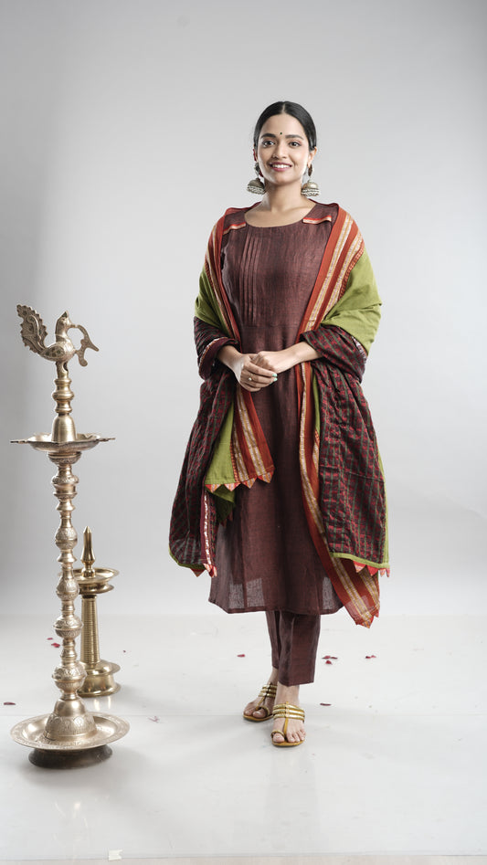 Linen Kurta Pant Dupatta Set-Brown