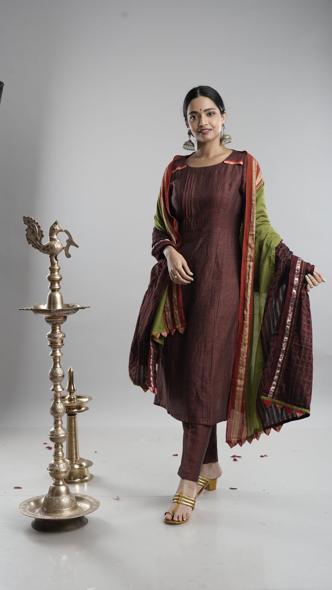 Linen Kurta Pant Dupatta Set-Brown